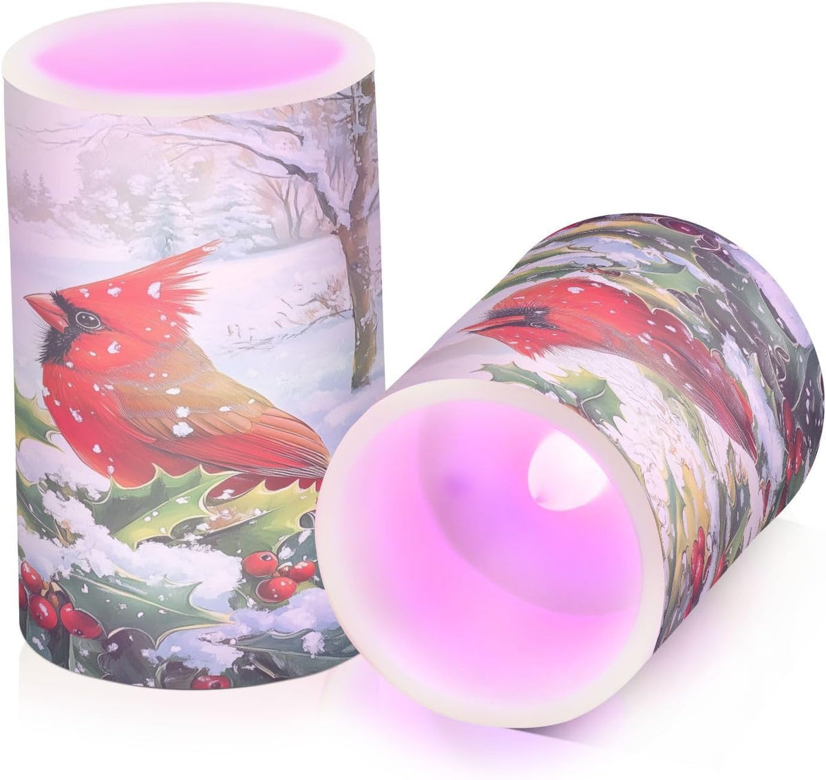 Flickering Flameless Candles, Red Cardinals Holly Christmas LED Candles with Remote Timer, Set of 2 Battery Operated