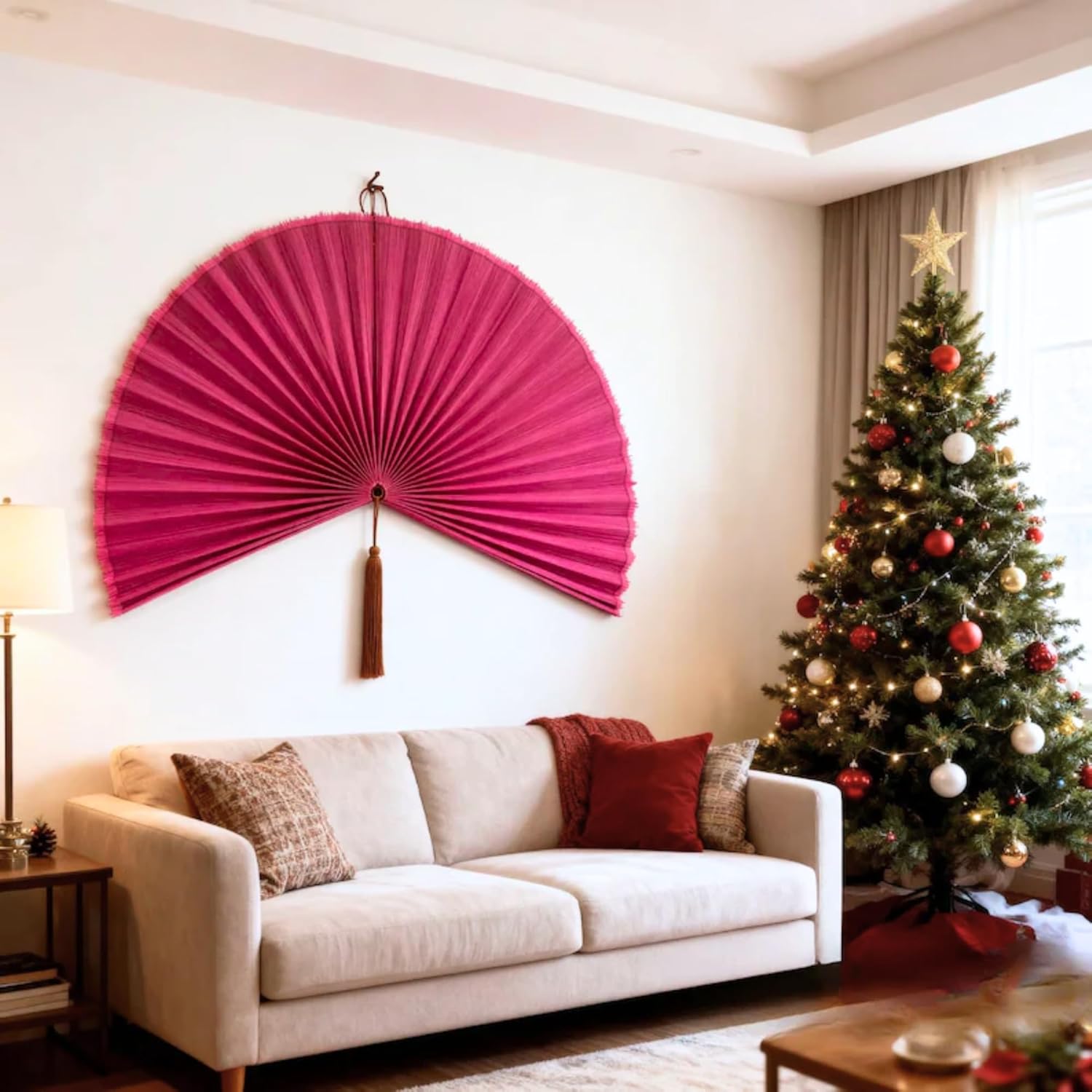 Large Bamboo Fan Wall Art for Boho Hanging Headboard / Rasberry / 31"L x 31"W