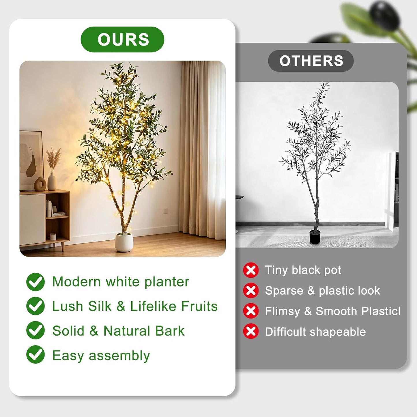 Lights & Planter / Realistic Faux Olive Trees / 6ft / 6 Inch