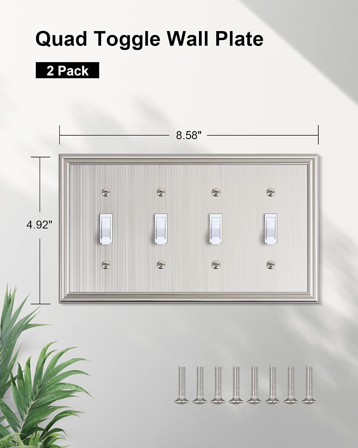 2-Pack Zinc Alloy Quad Toggle Light Switch Cover Plate, Solid Switch Cover | Durable Decorative Switch Plate Covers, 4