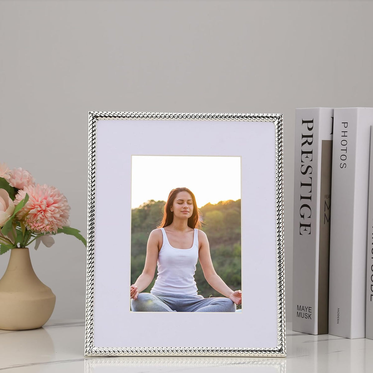 Silver 8x10'' Rope Design Metal Picture Frames 2 Pack with Acid Free Mat for 5x7'',Silver Photo Frame 7x5'',Hi Quality
