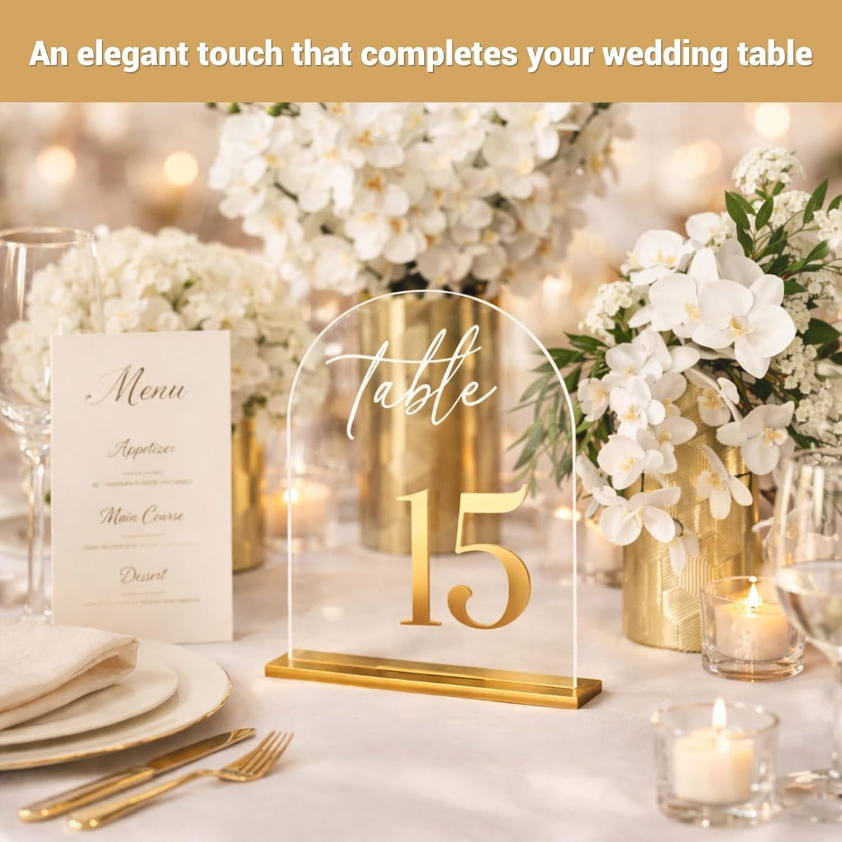 Wedding Table Numbers 1-20, Reception, 5.5" x 7" Clear Acrylic Arch Signs | Raised 3D gold numbers bring a refined