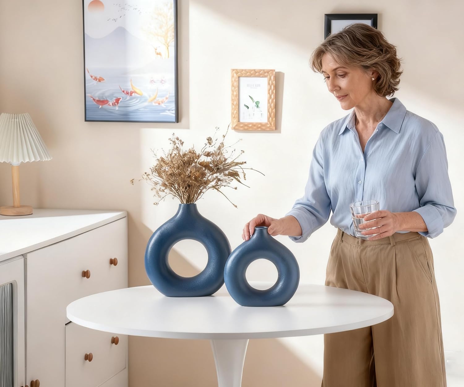 Ceramic Donut Vase Home Decor Modern Farmhouse Style Living Room Ornament / Vt11 Blue / Set of 2
