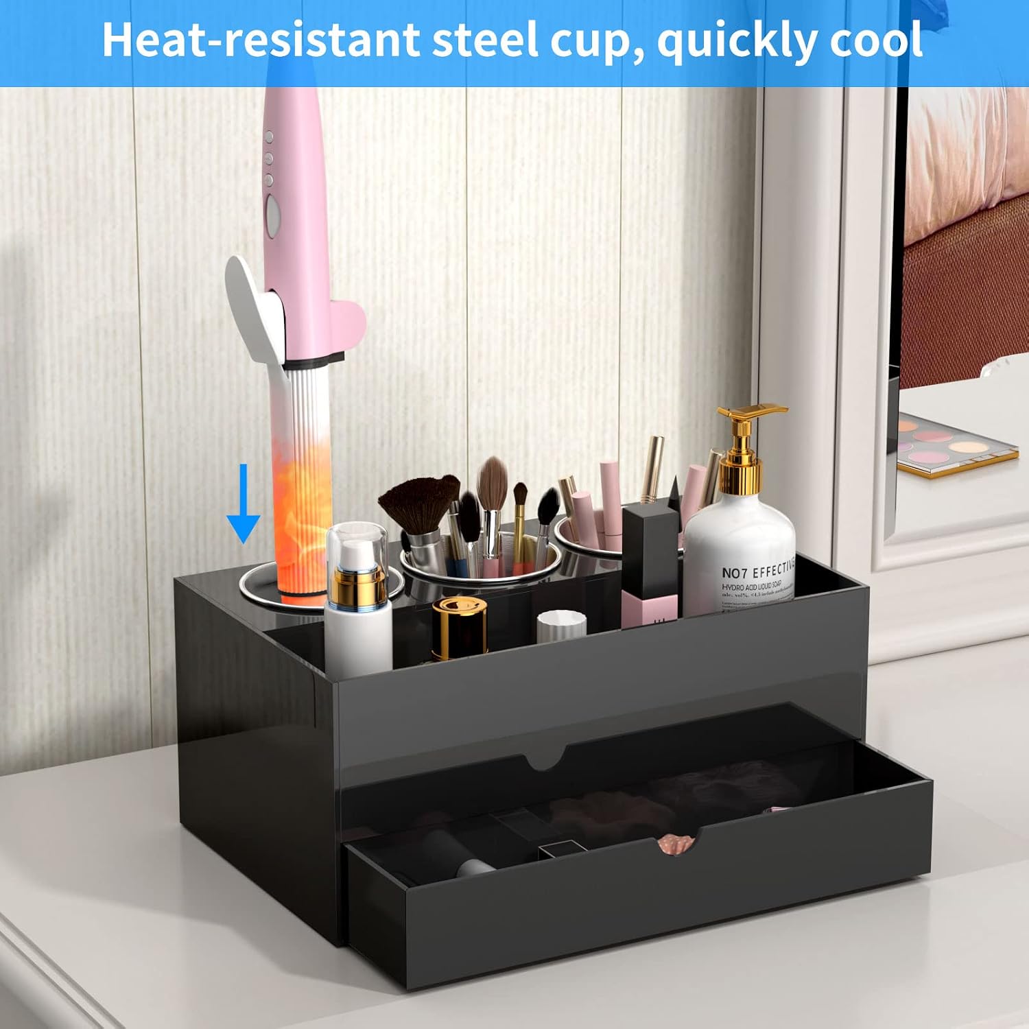 NIUBEE Acrylic Hair Tool Organizer with Drawer, Hair Dryer Holder Organizer | Black, Hot Tools Organizer Countertop