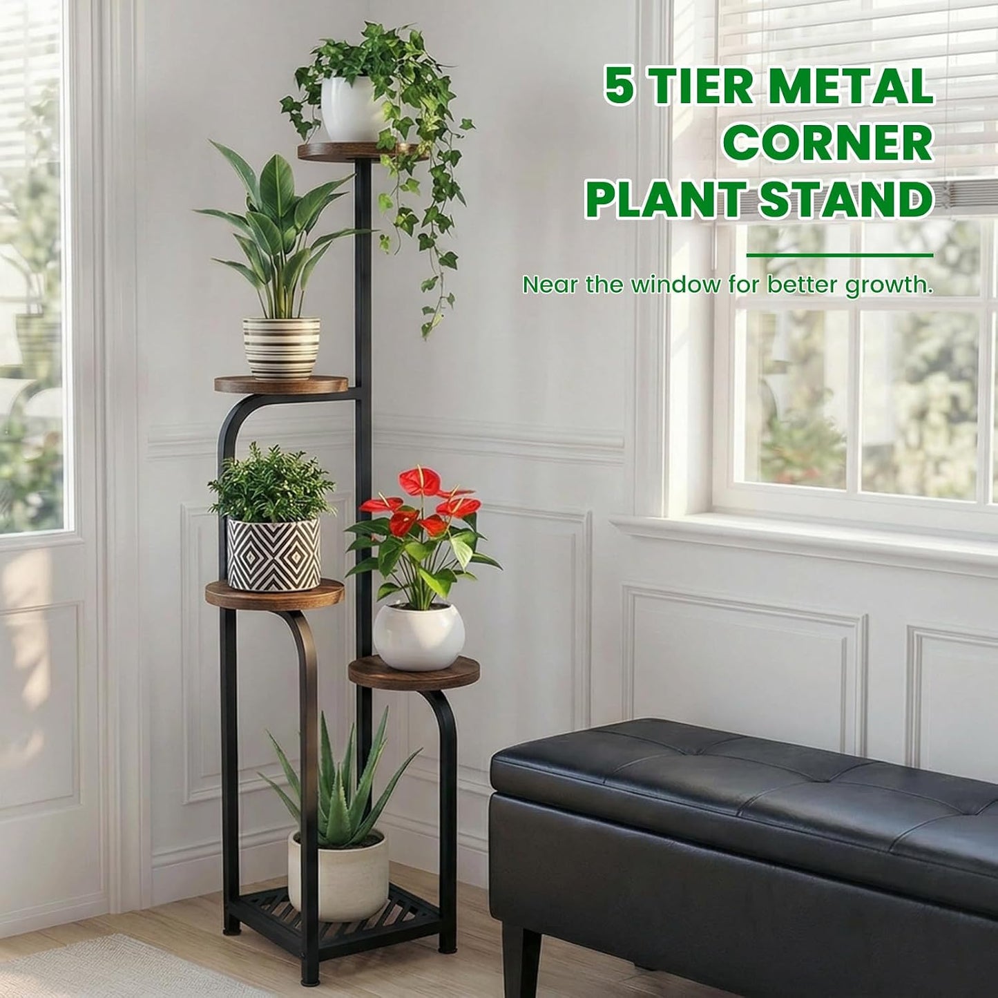 TOSKING Tall 5-Tier Corner Plant Stand Indoor, Anti-Tip,Brown & Black,47in | Plywood trays,wide base and heavy-duty