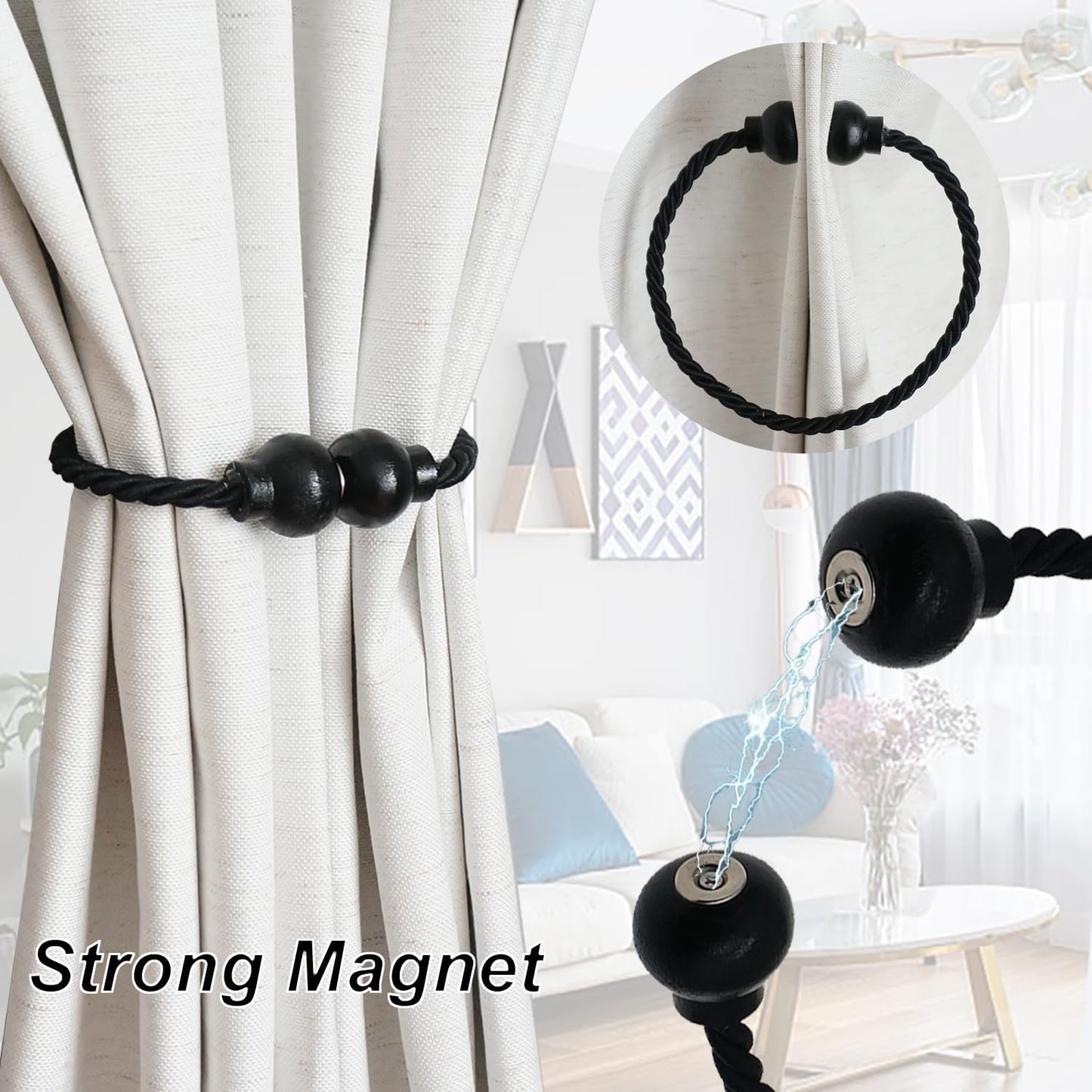 6Pcs Magnetic Curtain Tiebacks Modern Handmade Rope Curtain Tie Backs Black | Decorative Drapes Weave Holdbacks for