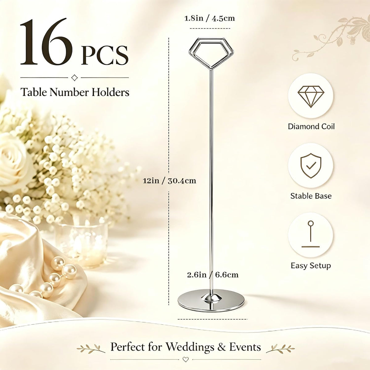 16 Pack 12 Inch Table Number Holders, Silver Diamond Place Card Holders | Steel Table Card Stands for Weddings