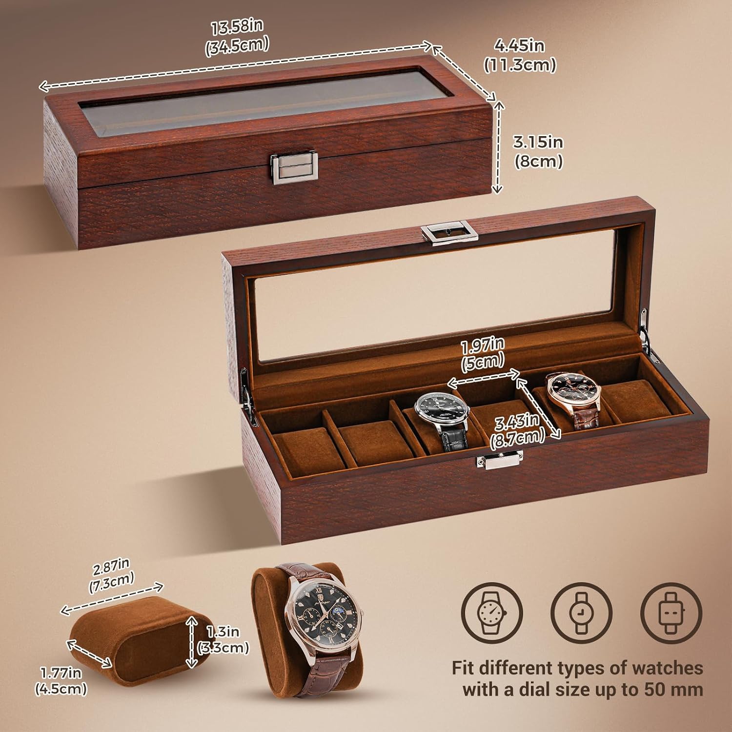 ProCase Wooden Watch Box, 6 Slot Mens Watch Display Case, Espresso | Wood Watches Holder Storage Organizer with Clear