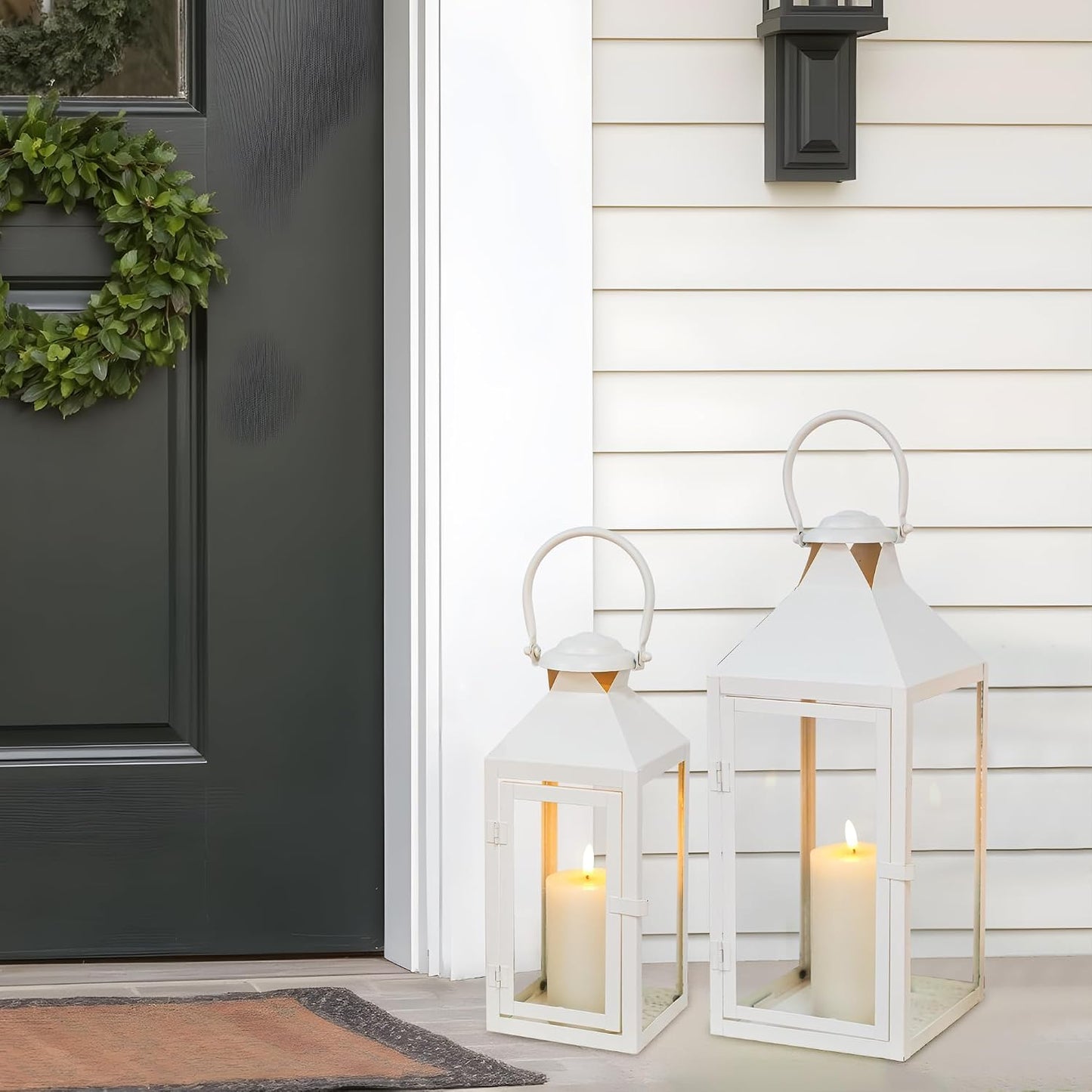 JHY DESIGN Set of 2 Cream Decorative Lanterns 17.5inch&13.5inch Metal Candle Lanterns for Indoor Outdoor Events Paritie