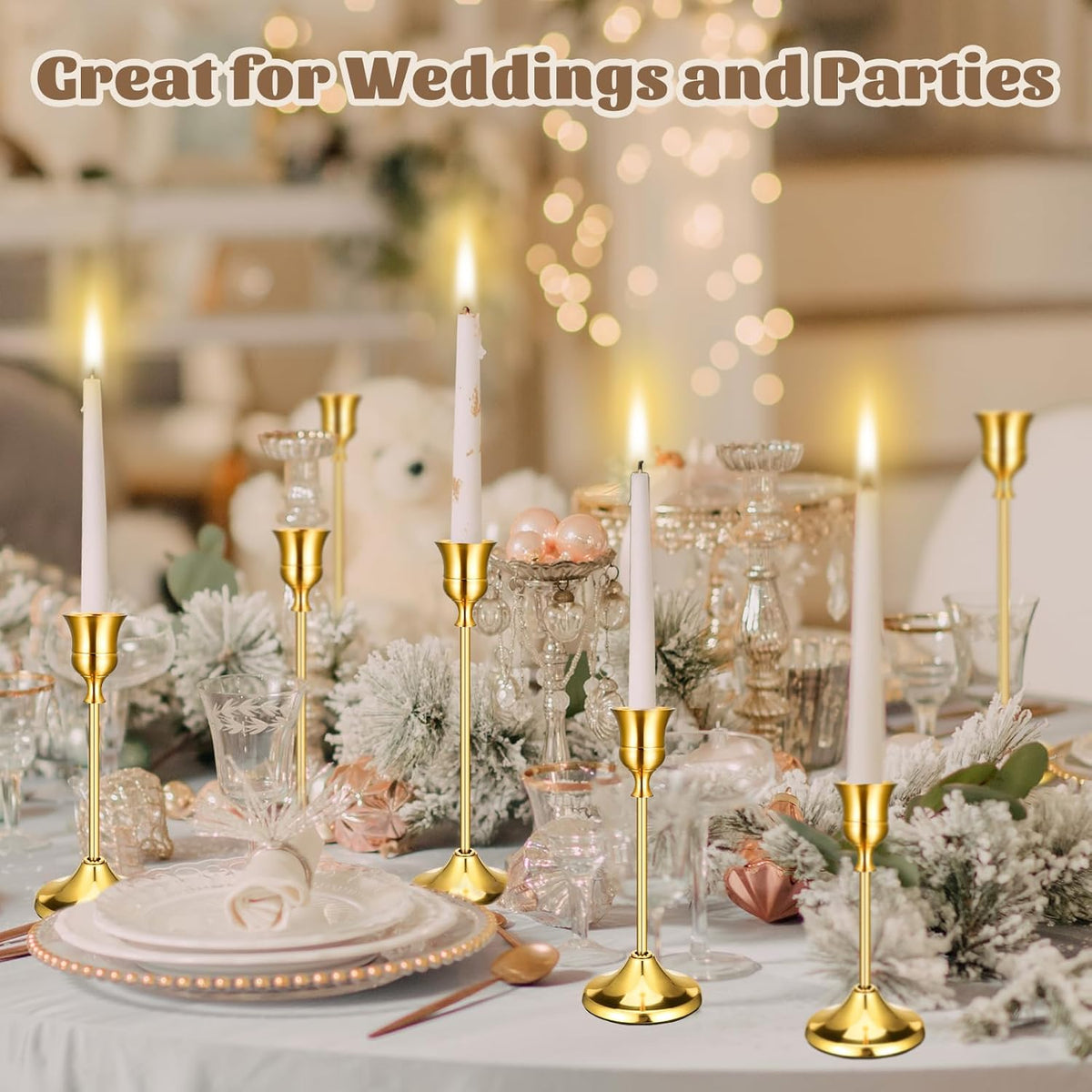 24PCS Brass Gold Taper Candle Holders Set, Metal Candlestick Holders | Plus Candle Snuffer, Tall Table Centerpiece