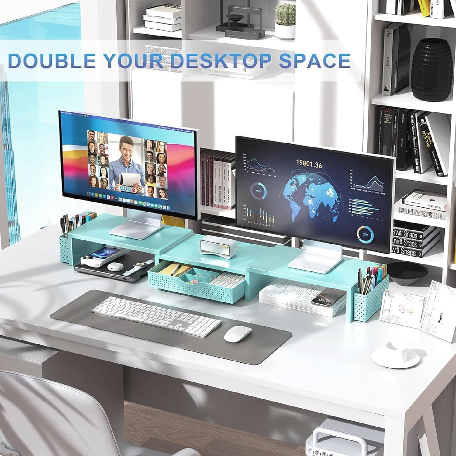 gianotter Dual Monitor Stand Riser With Drawer and 2 Pen Holders | Computer Monitor Stand Desk Organizer and