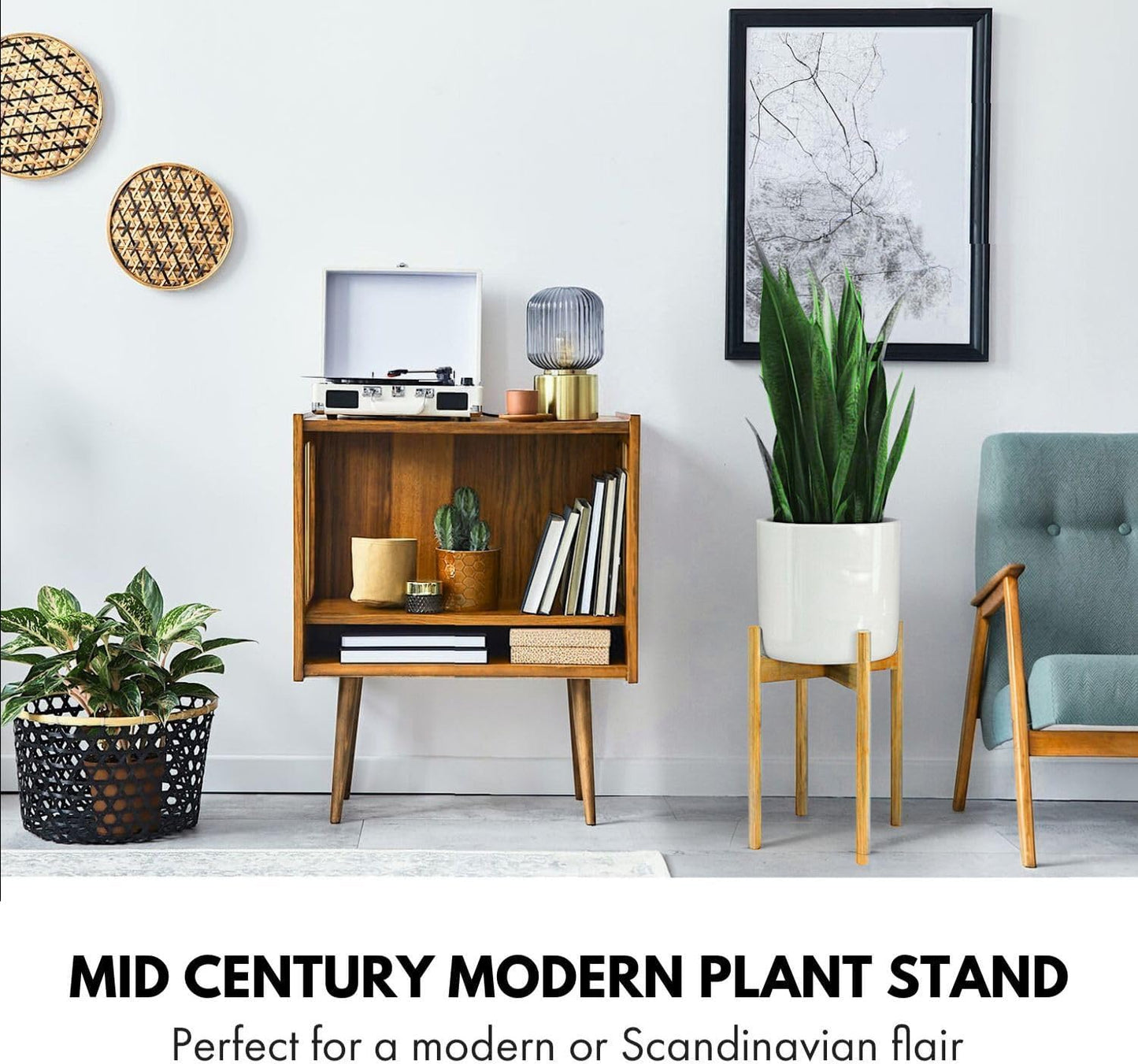 Fox & Fern Large Adjustable Plant Stand Indoor, Bamboo Stand, 8 - 12 Inch | Plug In Design, Holds 200 lbs, Two Heights