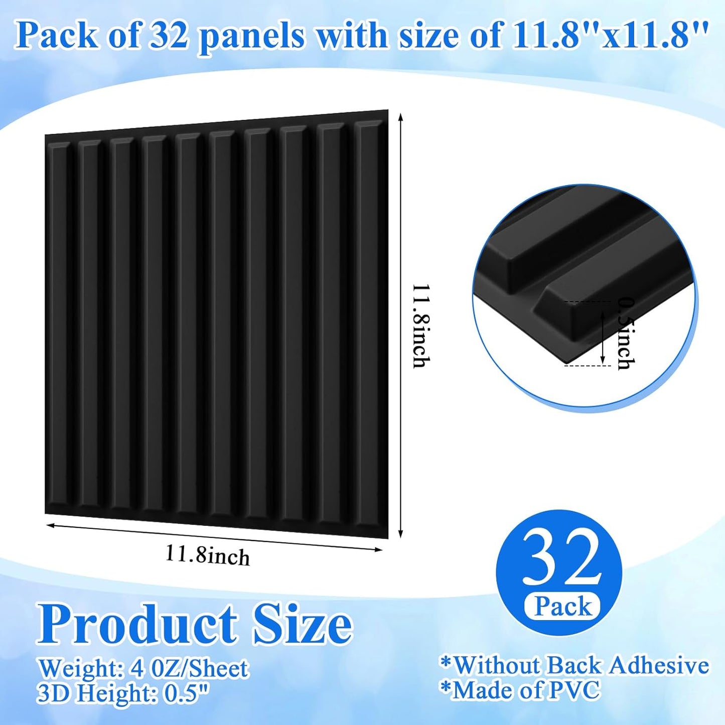 Nuanchu 32 Pcs 3D Wall Panels, 12"x12" PVC Fluted Tiles, Black | Waterproof Accent Panels, Paintable Wall Tiles, for TV