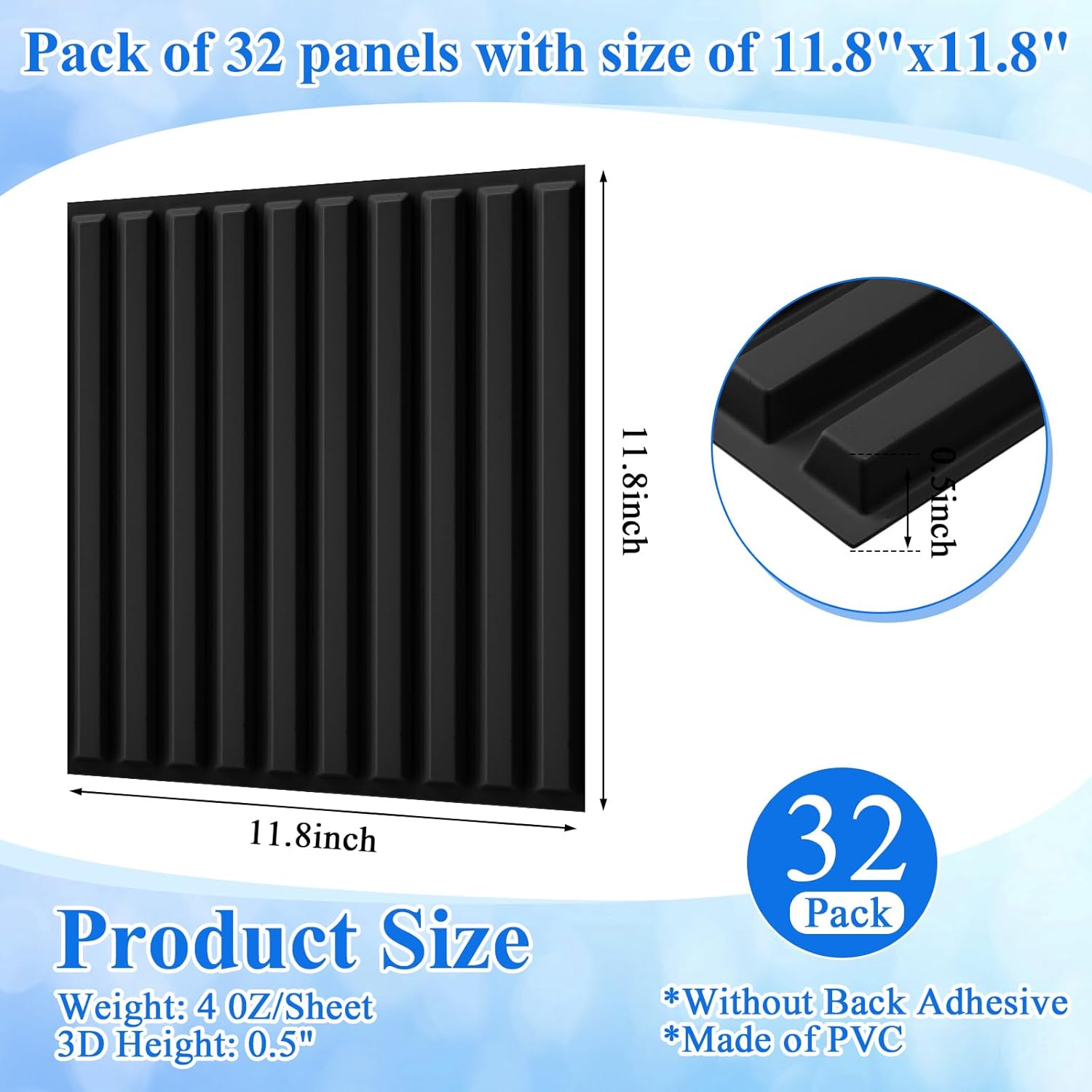 Nuanchu 32 Pcs 3D Wall Panels, 12"x12" PVC Fluted Tiles, Black | Waterproof Accent Panels, Paintable Wall Tiles, for TV