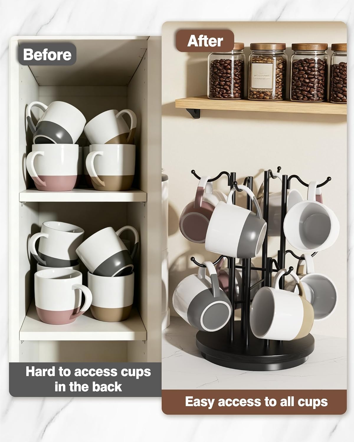 8-Hook 360° Rotating Large Coffee Mug Tree for Counter, Wood Base, Black | 360° rotation, 8 mugs (12-16oz), 5.7"