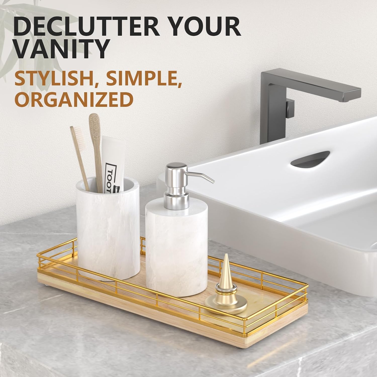 Oak Wood Vanity Tray / Gold & Oak / 11 x 4.5 x 1.5
