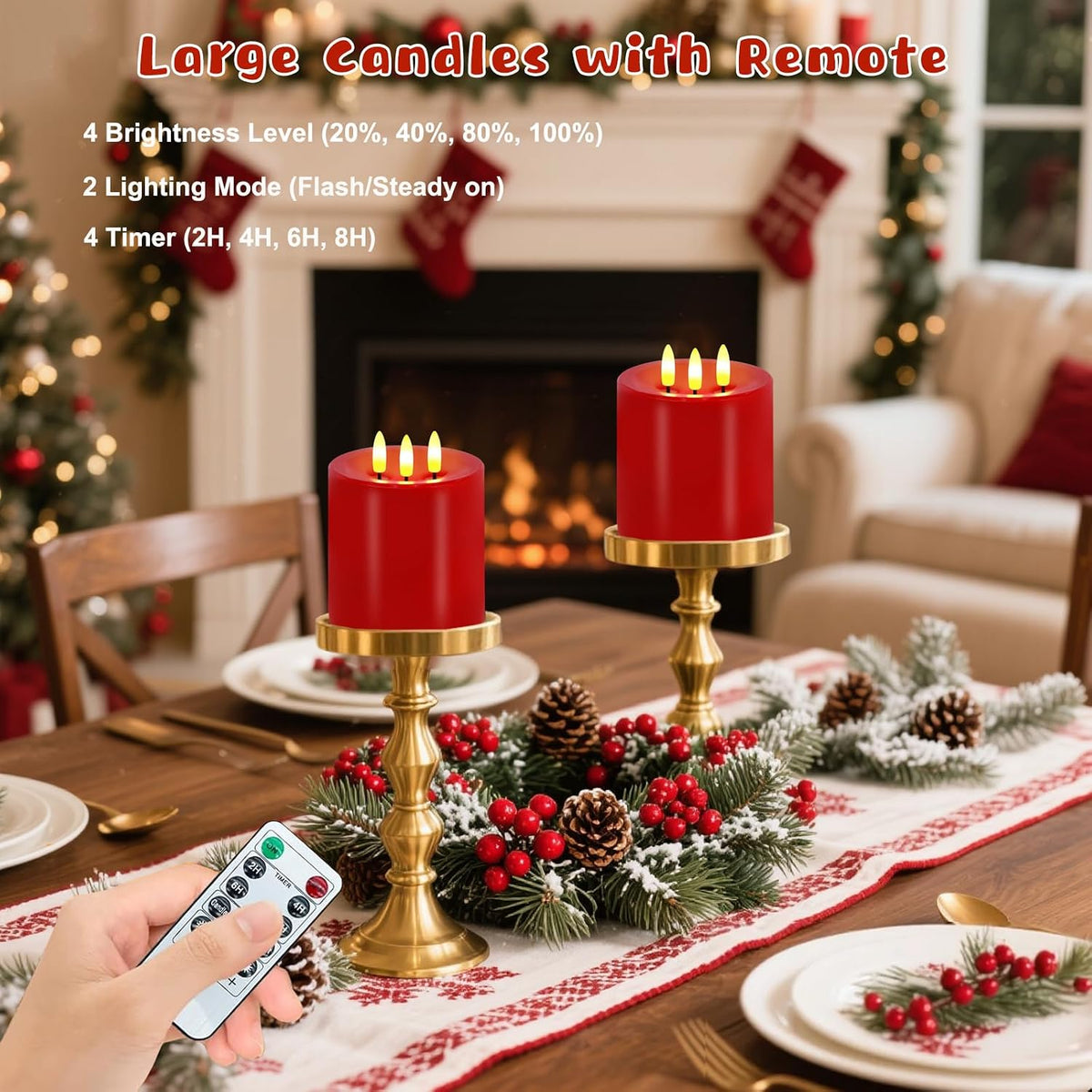 VEEKI Large 3 Wick Flameless Candles Set of 2, 4"x4" Flickering Flameless Candles with Remote & Timer, Dimmable Real