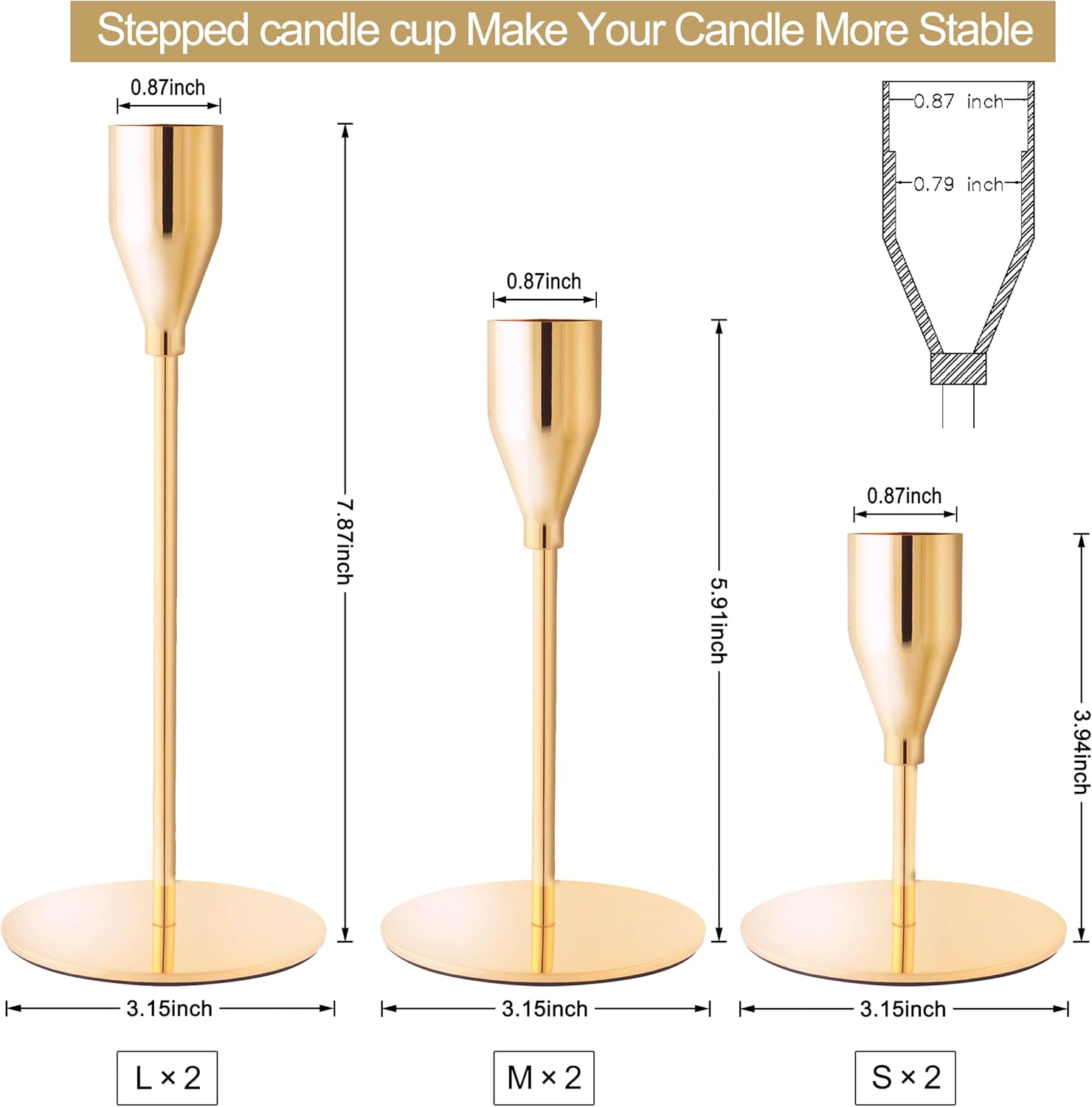 Gold Candlestick Holders, Metal Taper Candle Holders, Set of 6 | Elegant gold candle stands, 3 heights, for wedding
