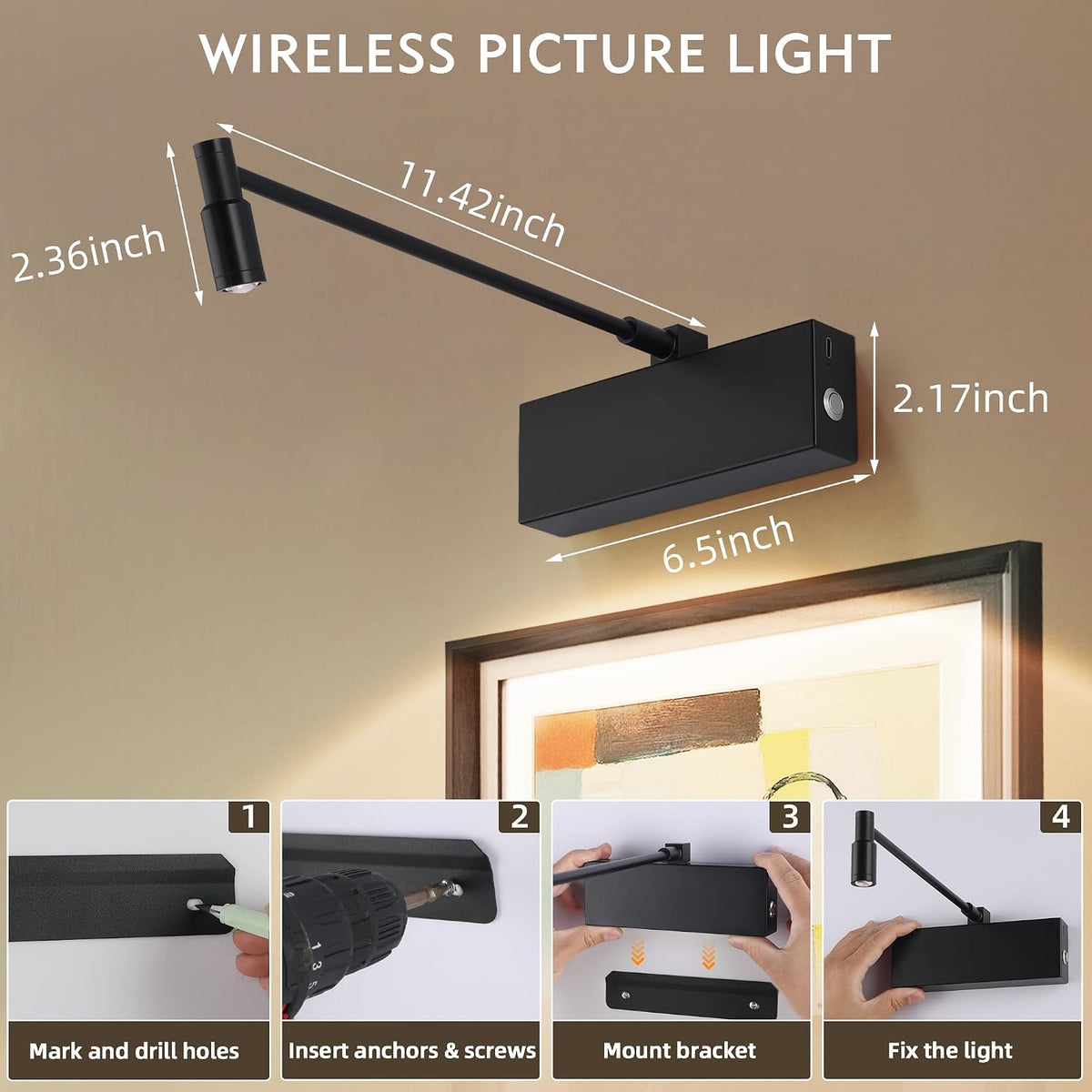 Wireless Picture Light for Wall with Adjustable Beam Angle, 8000mAh Rechargeable Art Light for Painting with Remote