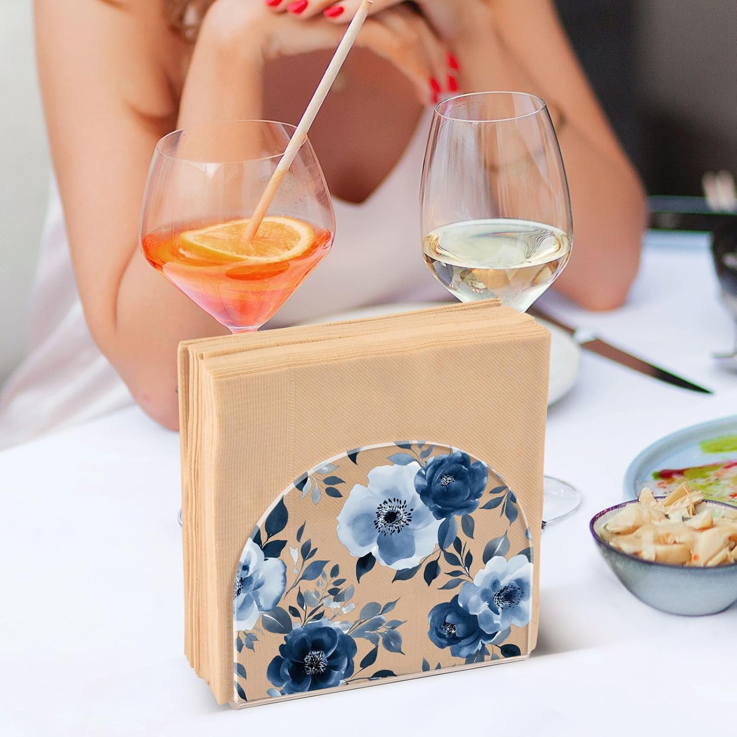 Watercolor Gray Peony Flowers Napkin Holder / Blue Floral