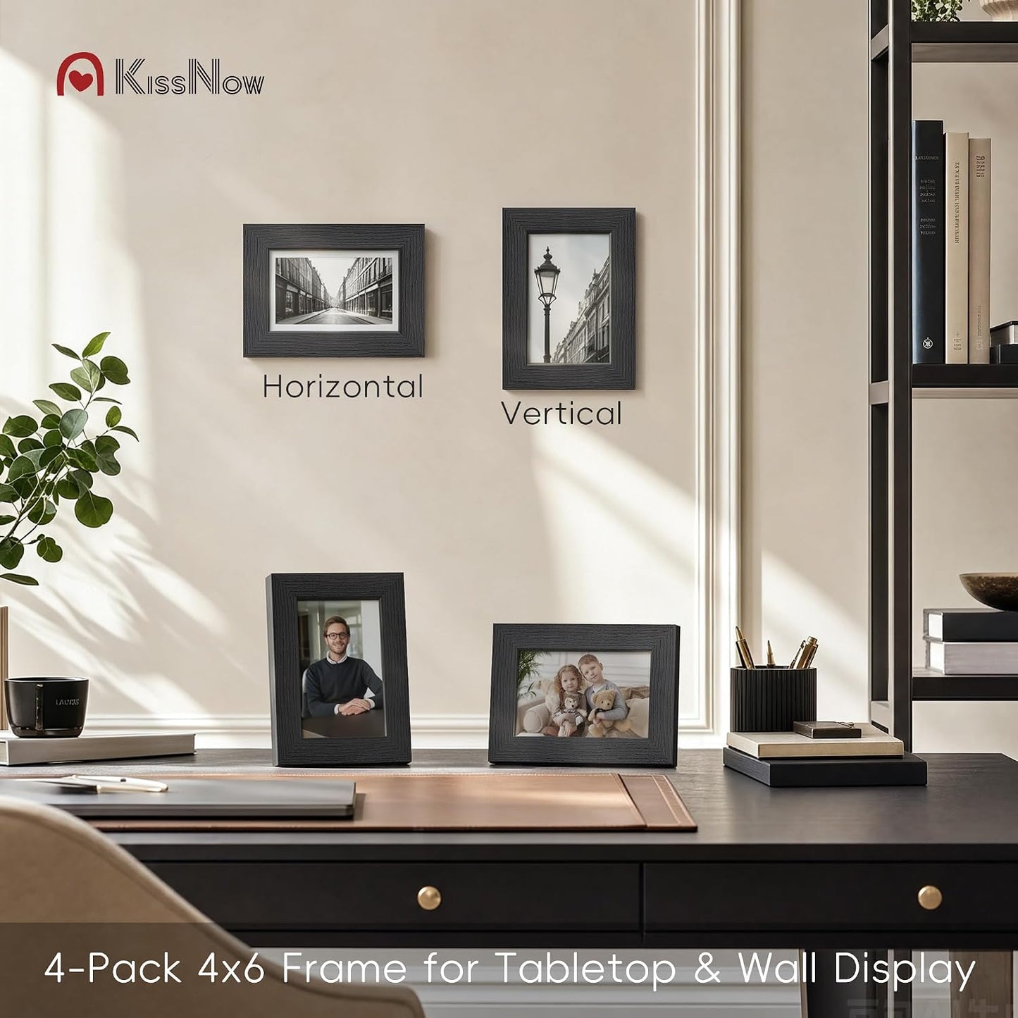 4x6 Picture Frame 4 Pack, Black Solid Wood, Wall or Tabletop | Gallery Wall Set, Thick & Wide Border, Polished