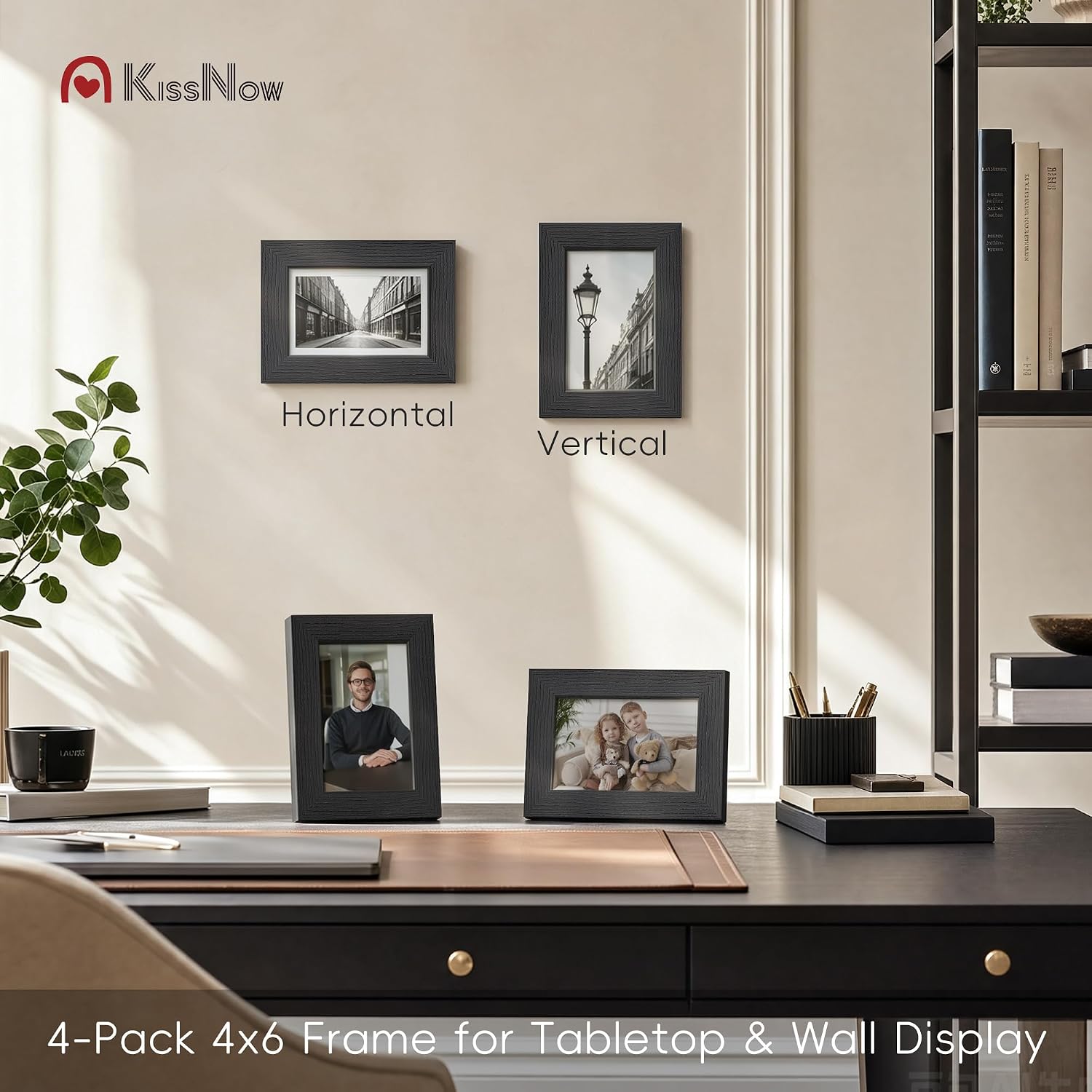4x6 Picture Frame 4 Pack, Black Solid Wood, Wall or Tabletop | Gallery Wall Set, Thick & Wide Border, Polished