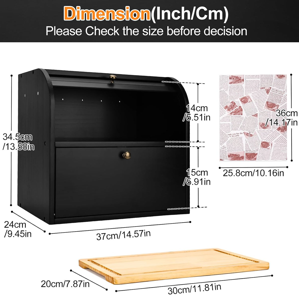 Alpeir Roll Top Bread Box with Cutting Board for Kitchen Countertop, Black | Large Breadbox with Ventilation Holes