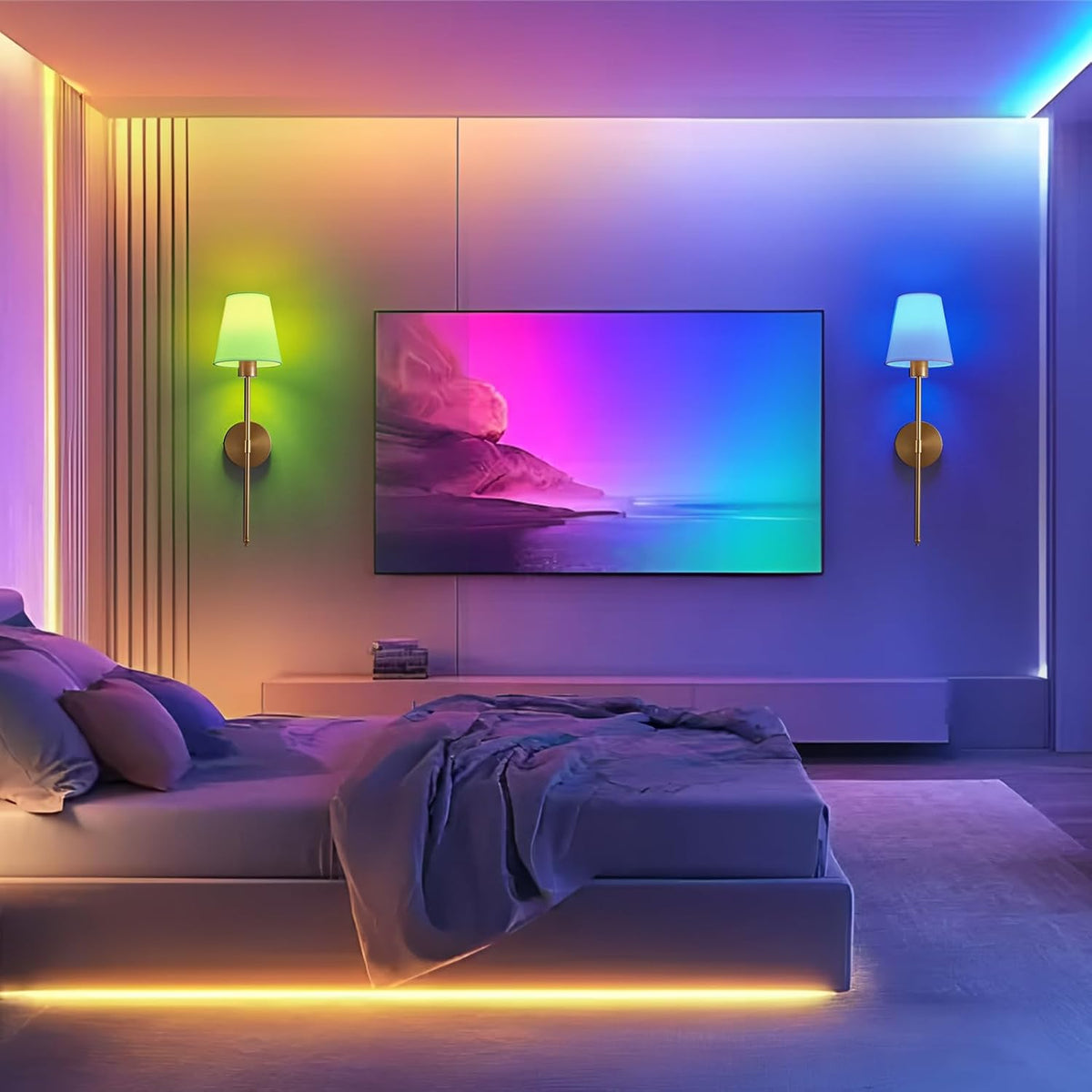 Battery Operated Wall Sconce Set of 2, Gold Rechargeable Wireless Wall Lights with Remote - Dimmable RGB LED Bulbs, 13