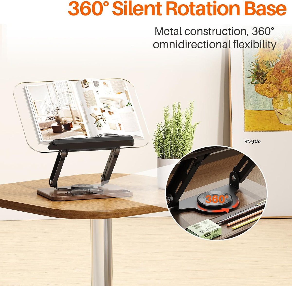 BYMECOST Acrylic Book Stand for Reading, 360°Rotating Book Holder, Black | Adjustable Height and Angle with Pen Slot