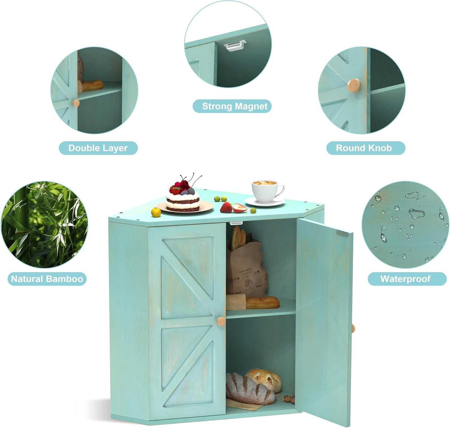 Trironsun Corner Bread Box for Kitchen Counter Double Layer Bamboo Bread Storage Container Large Capacity Bread Storage