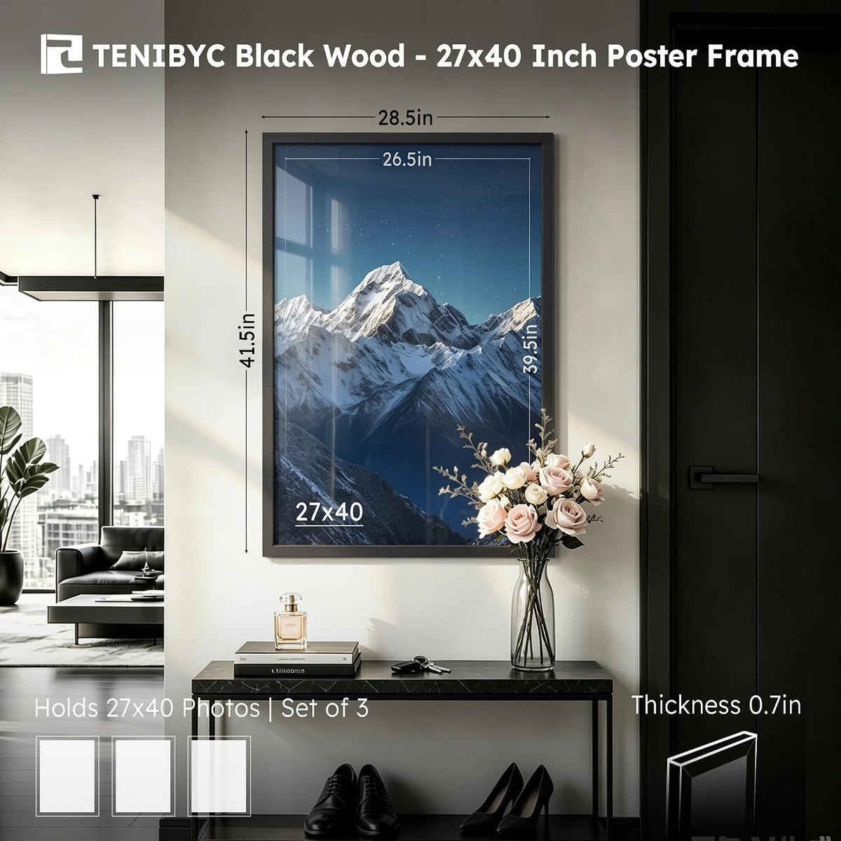 27x40 Poster Frame, Black Wood, 3 Pack, Wall Hanging for Poster | Thick Polished Plexiglass, Large Movie Poster Frame