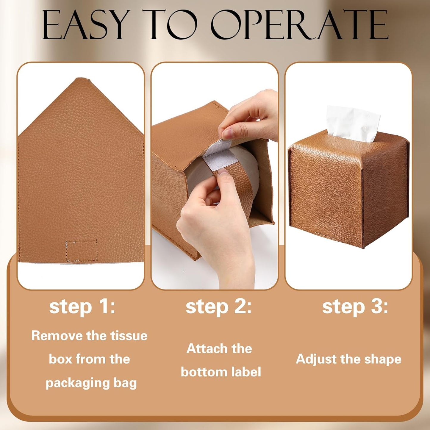 Tissue Box Cover Square PU Leather Tissue Box Holder Modern Facial Paper / Caramel Color / Set of 3