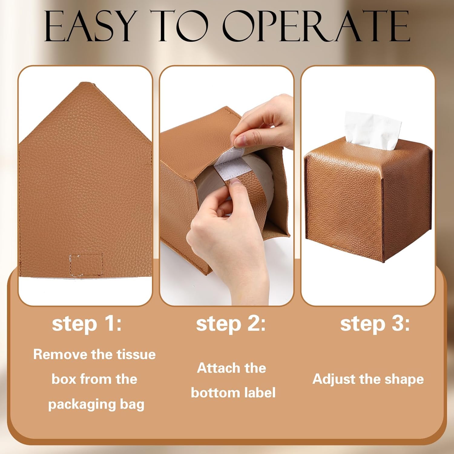 Tissue Box Cover Square PU Leather Tissue Box Holder Modern Facial Paper / Caramel Color / Set of 3