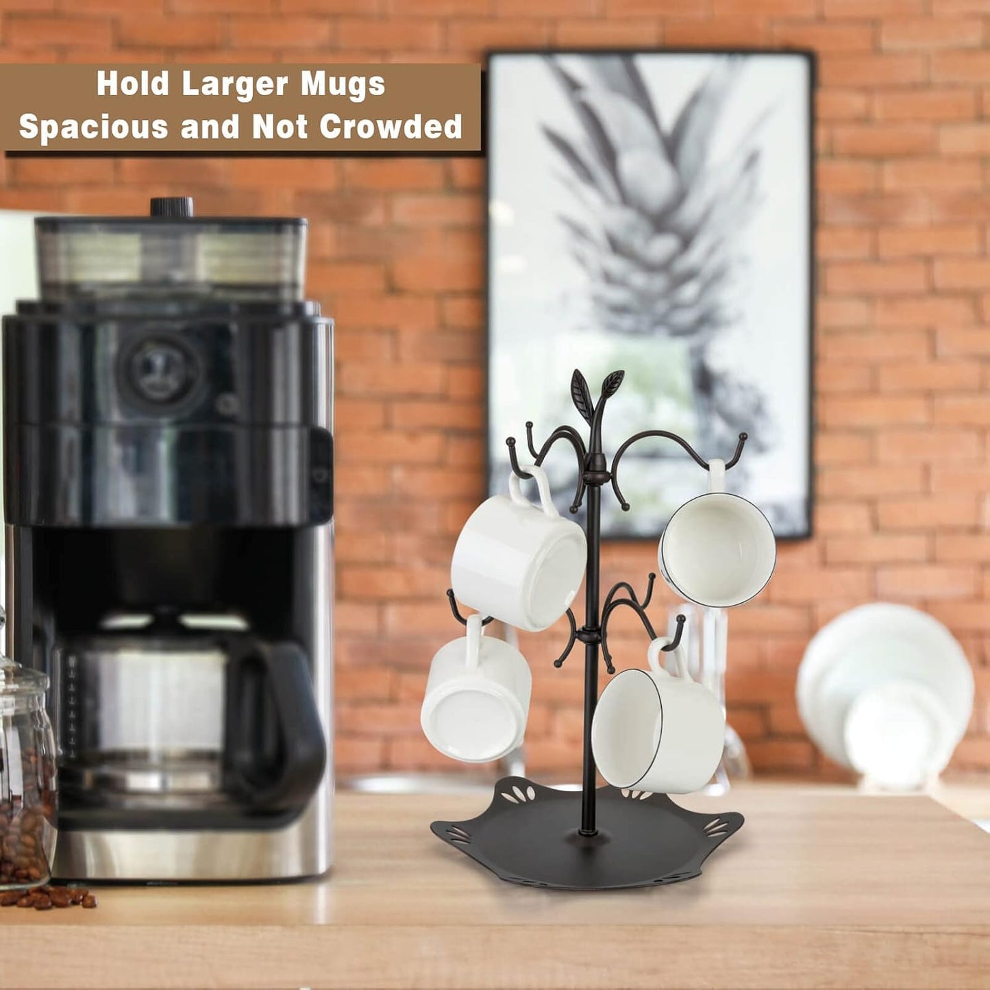 Coffee Mug Holder for Large Mugs, Mug Tree for Counter, Cup Holder for Countertop, Mug Rack with Tray, Metal Mug Tree