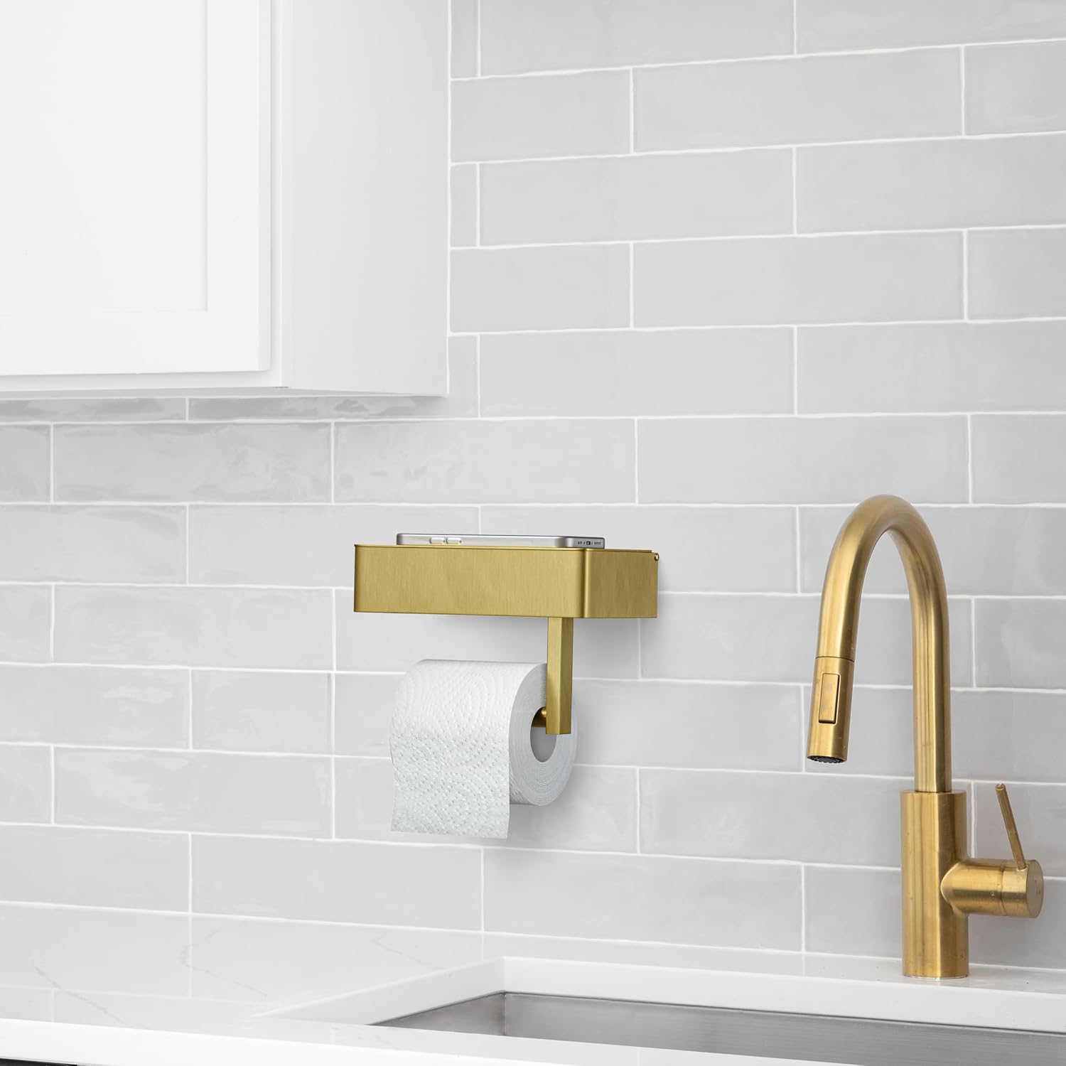 Brushed Gold Toilet Paper Holder Wall Mounted with Shelf & Wipes Storage – Stainless Steel SUS304 Modern Toilet Tissue