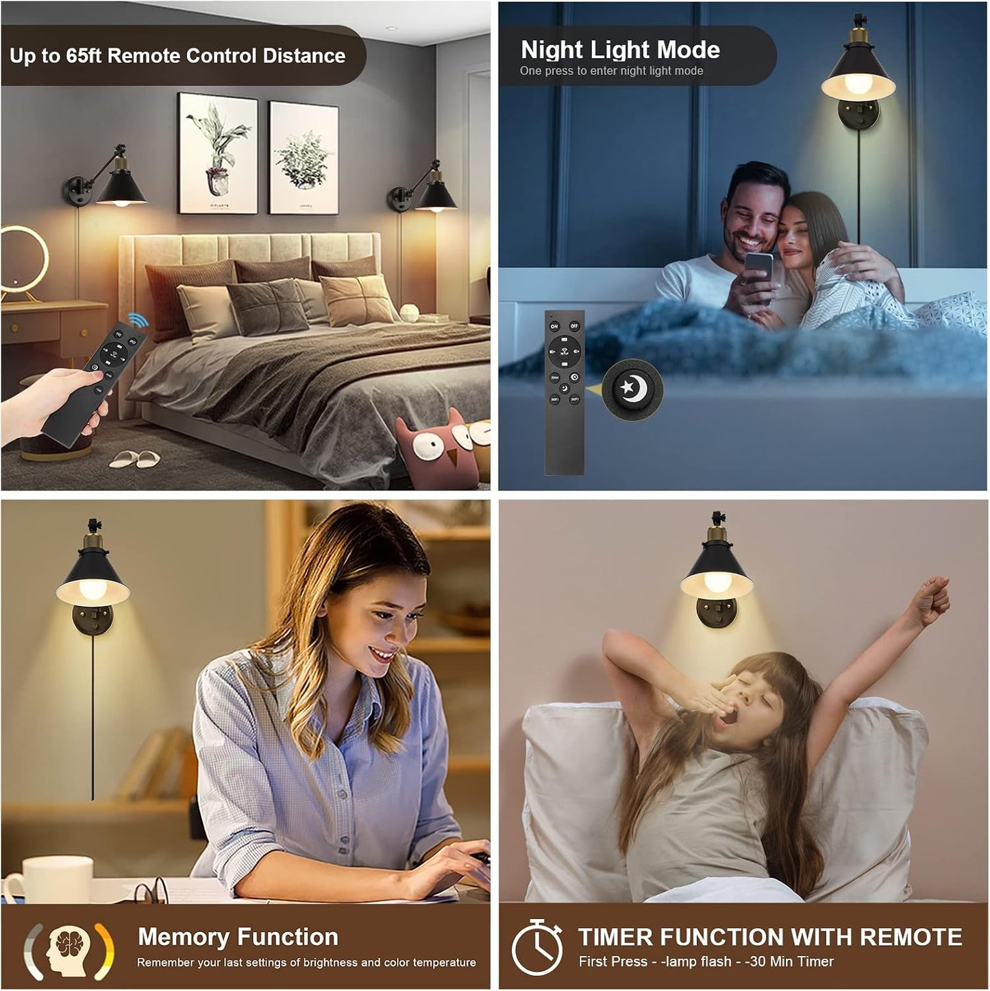 TRLIFE Dimmable Wall Sconce with Remote Control, Plug in Wall Sconces Dimming 10%-100% and Adjustable Color Temperature