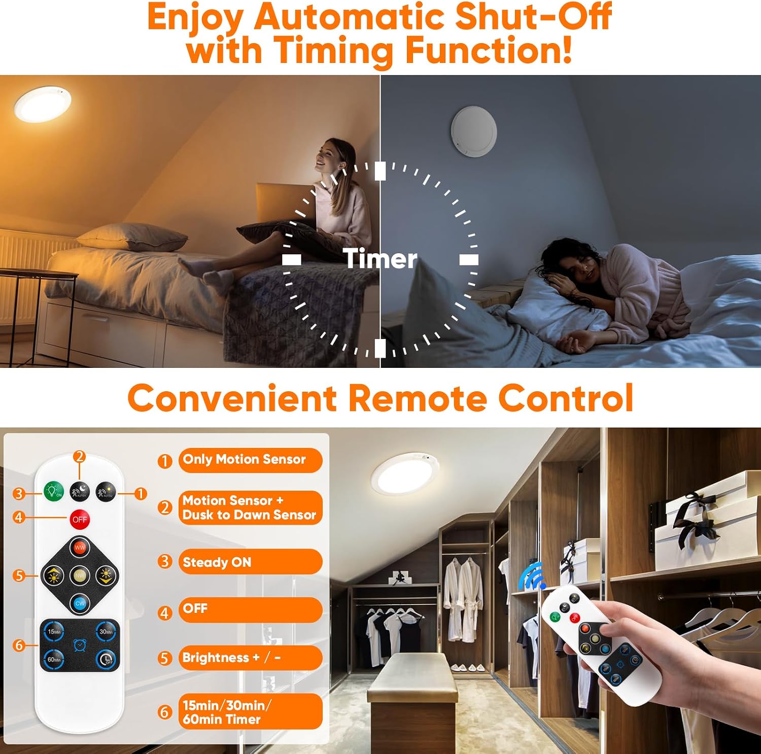 Rechargeable Motion Sensor Ceiling Light, Battery Operated Closet Light