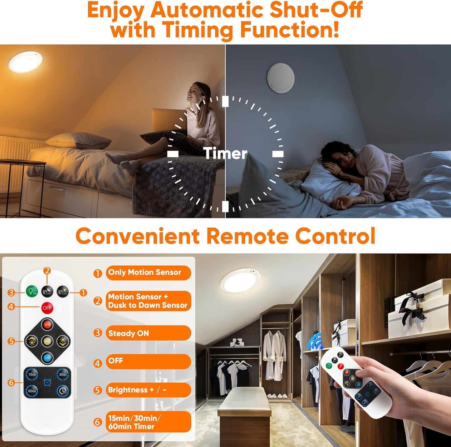 Rechargeable Motion Sensor Ceiling Light, Battery Operated Closet Light | Wireless Battery Powered LED Shower Light