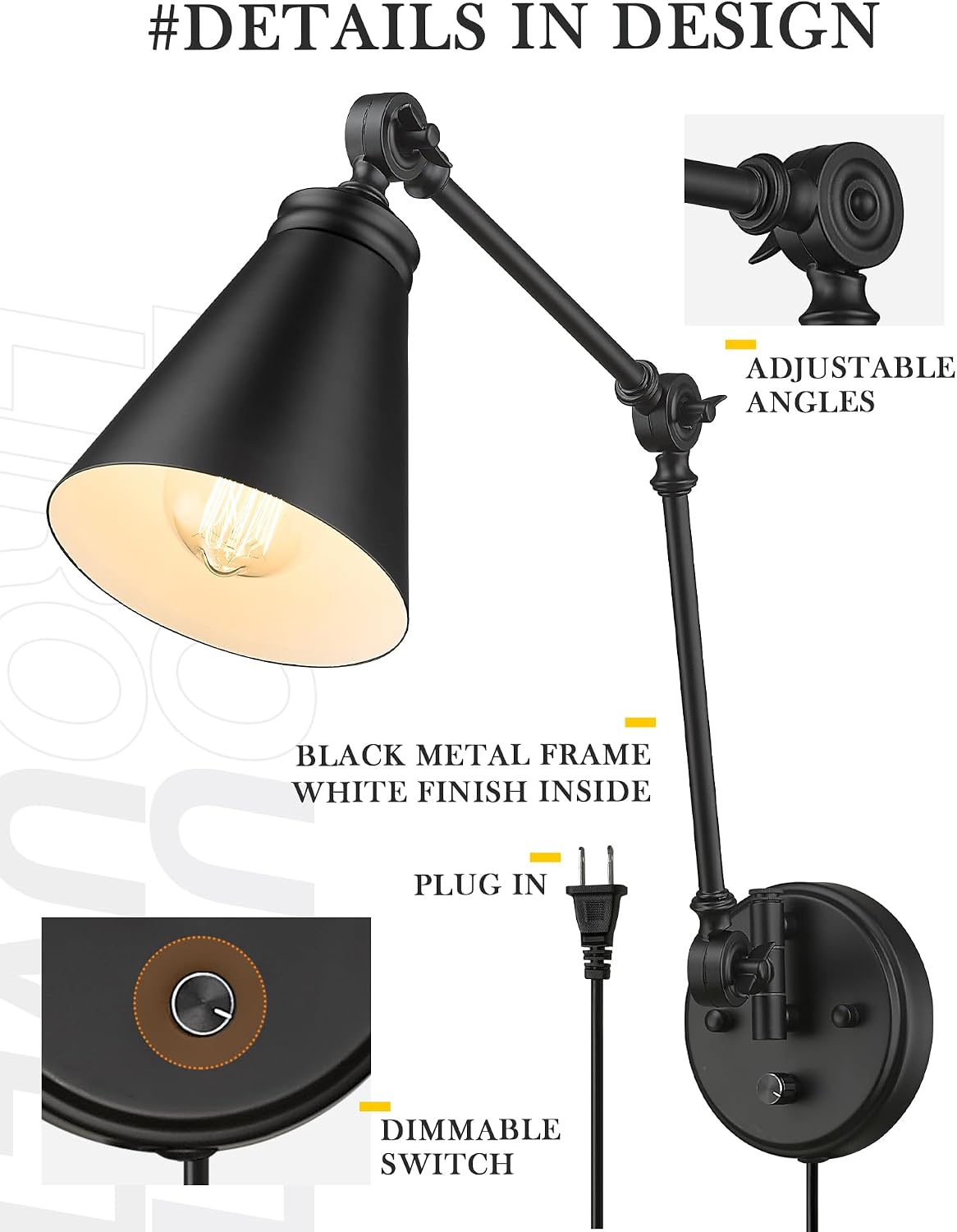 LIROUVET Plug in Wall Sconces Set of Two, Adjustable Swing Arm Wall Lamp, Industrial Sconces Wall Lighting with