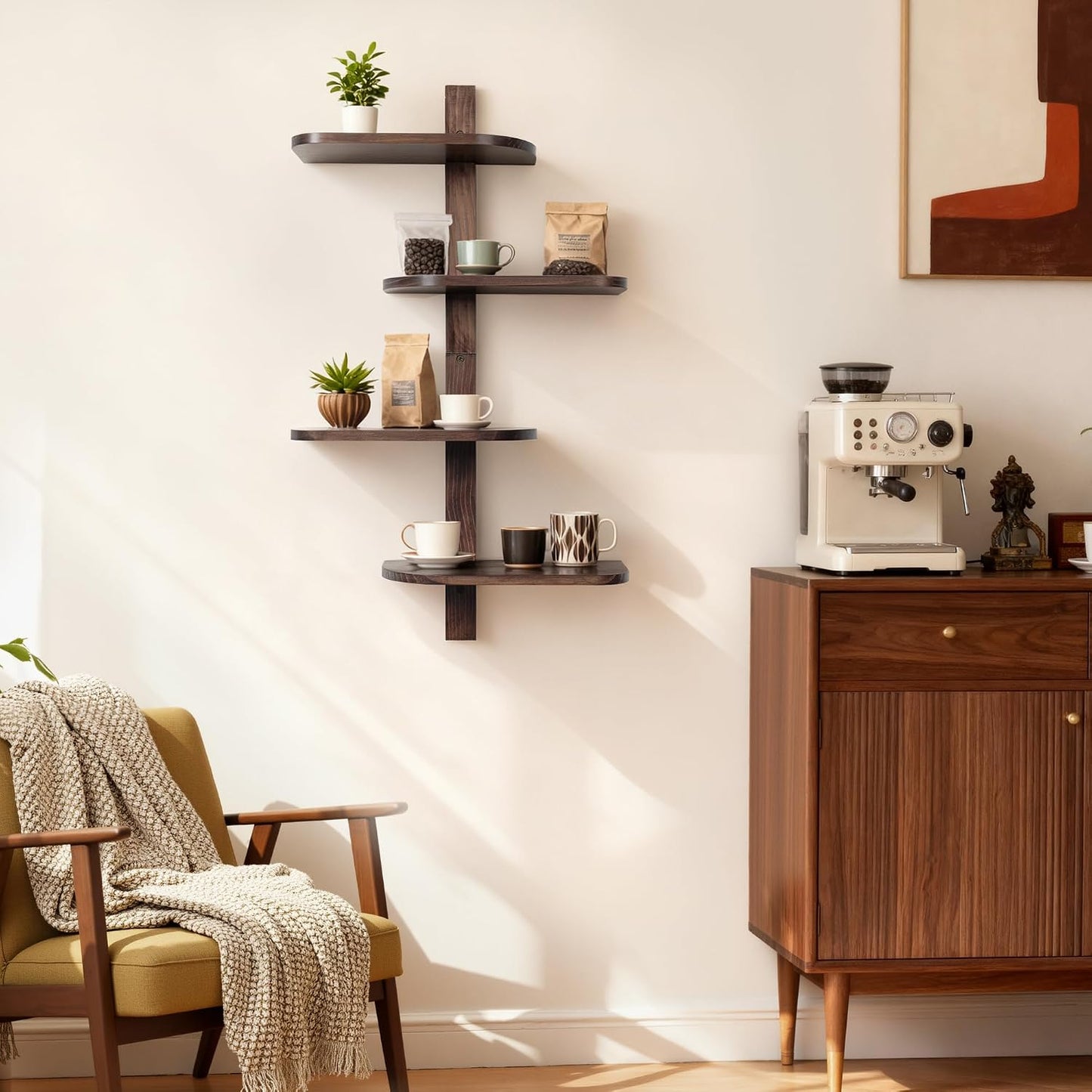 Mid Century Modern Decor Floating Shelves Display Shelf Wall Unit Solid Wood Decorative / Walnut