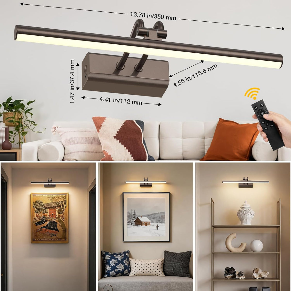 Picture Lights for Wall, 13.8in, Brown, 4000mAh, Rechargeable Remote | Magnetic LED Art Display Light with 3 Color