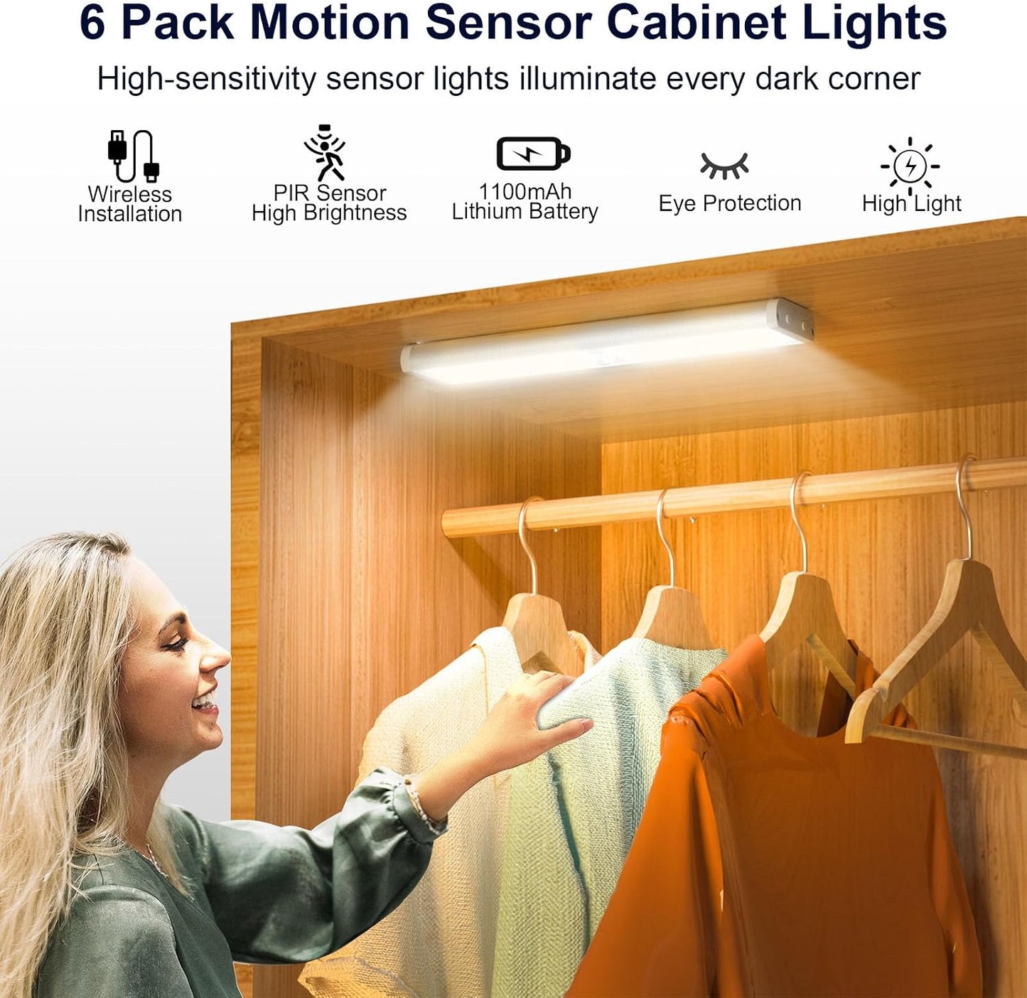 Under Cabinet Lights, Rechargeable Motion Sensor Light, 6 Pcs | 15 Colors, 58-LED Wireless Cabinet Lighting, Dimmable
