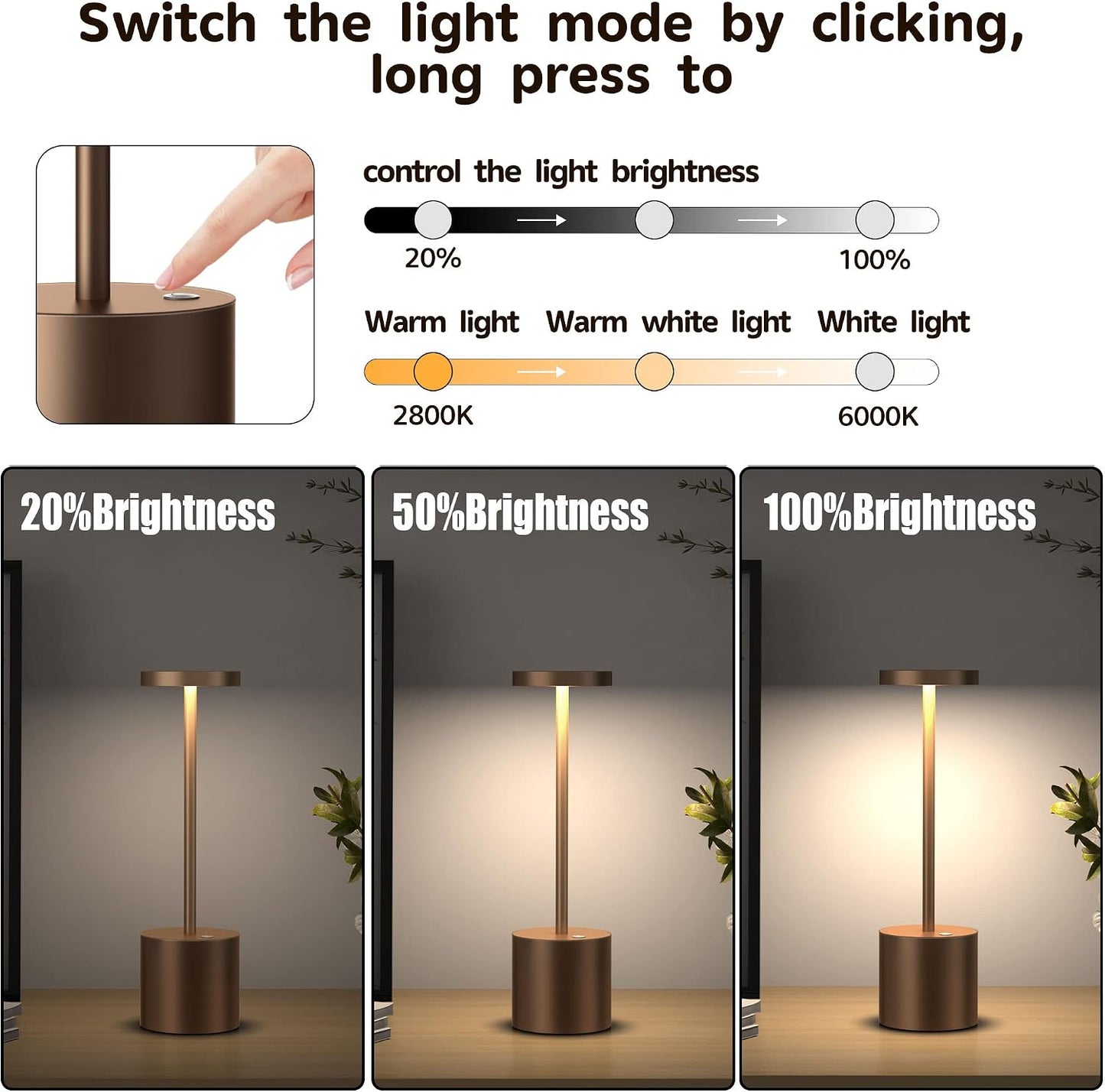 2Pack Cordless Rechargeable LED Restaurants Outdoor Table Lamp | Battery 5000mAh Metal USB Portable Powered Desk Lamp