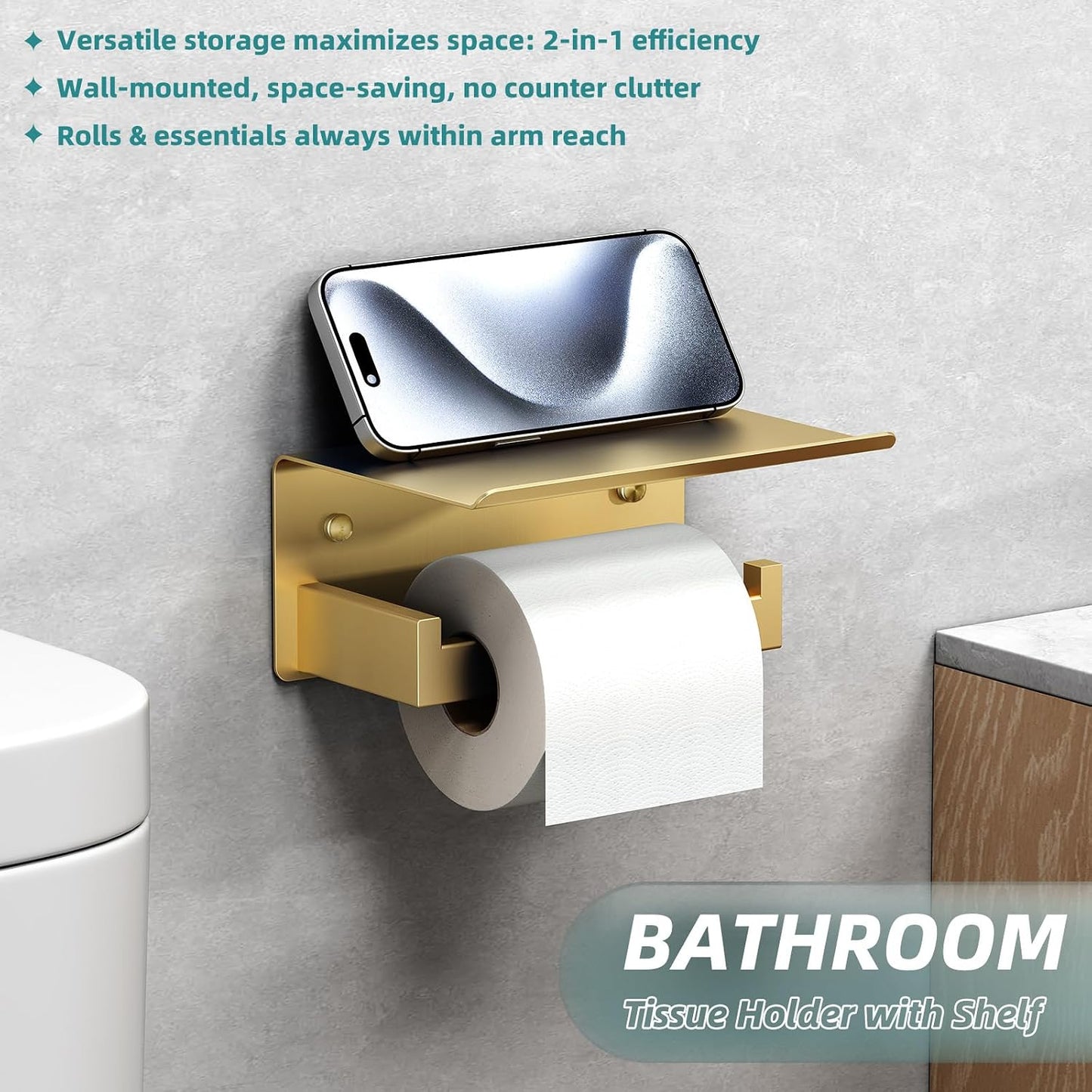 APLusee Brushed Dark Gold Toilet Paper Holder with Shelf, Wall Mounted | Rustproof 304 Stainless Steel, Functional