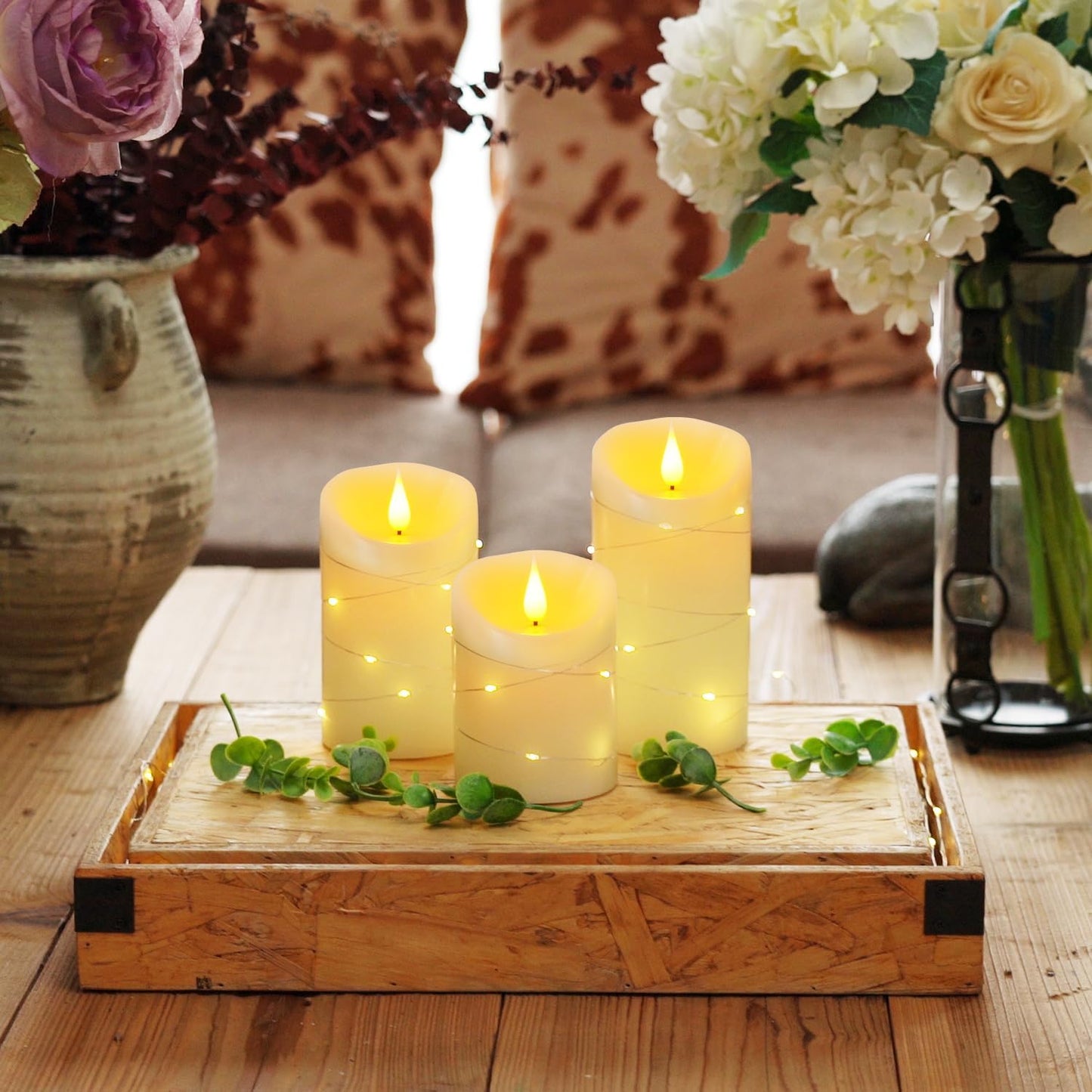 Homemory Flameless Candles with String Lights, 3 Pack Embedded Fairy String Lights LED Candles, Electric Flickering