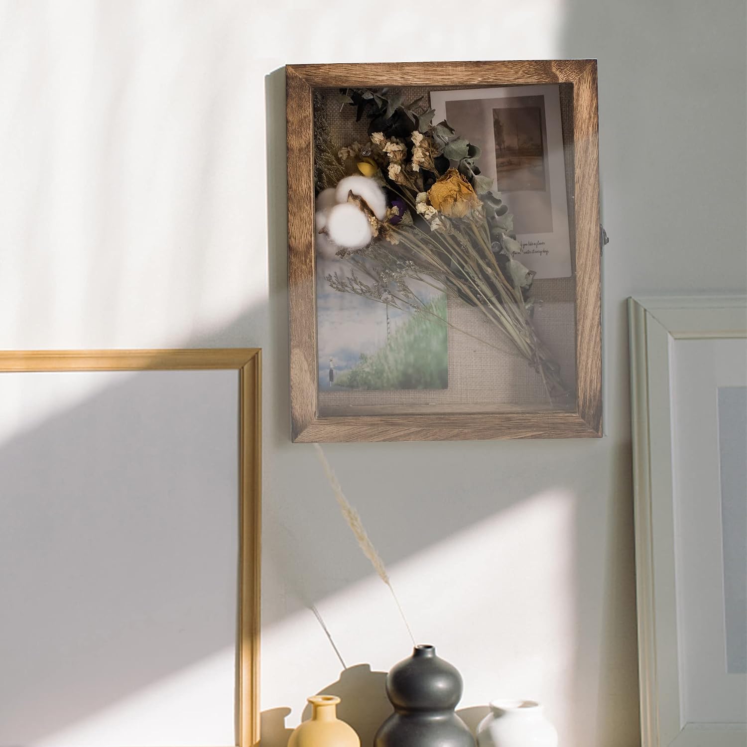 GraduatePro Shadow Box Frame 8x10 Display Case with Linen Back, Real Glass Window Door with Hinge, Picture Frame