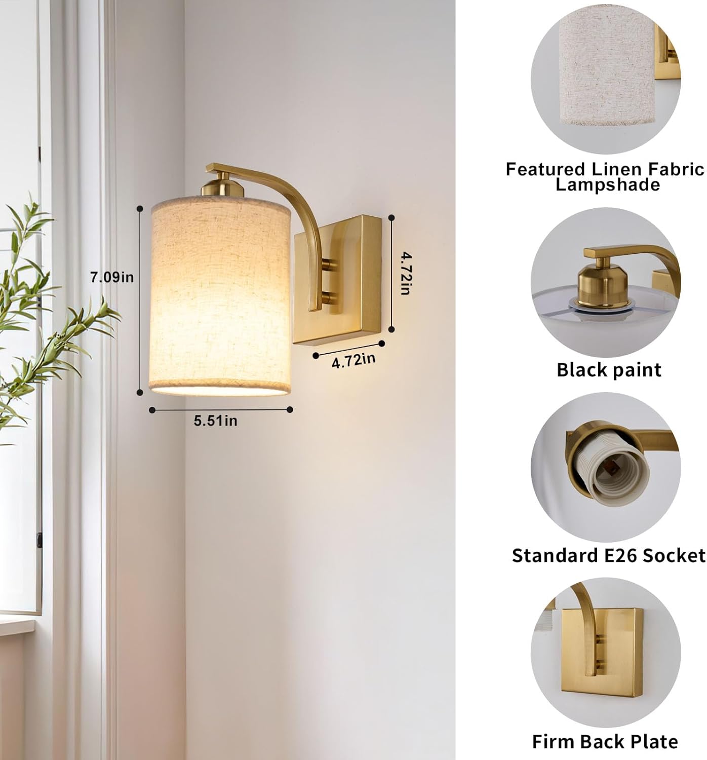 Powfloven Gold Rechargeable Wall Sconces Set of 2 with Remote, Wireless Battery Operated Dimmable LED Wall Lights