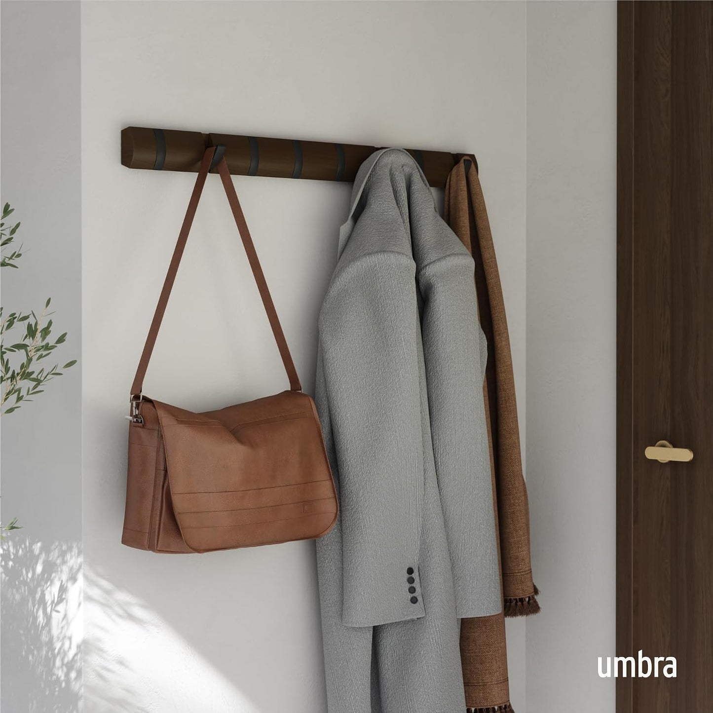 Umbra Flip Coat Rack, Wall Mount 8-Hook, Space Saving, Walnut/Black | Real wood and steel build, retractable hooks fold