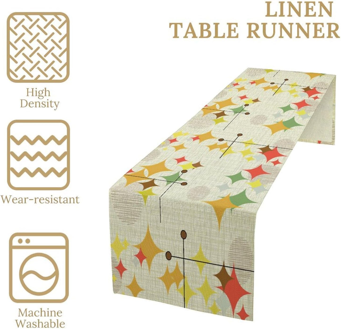 Mid Century Kitchen Table Runner,Abstract Aesthetic Geometric Mid Century Retro Modern Patterns Printed Linen Table