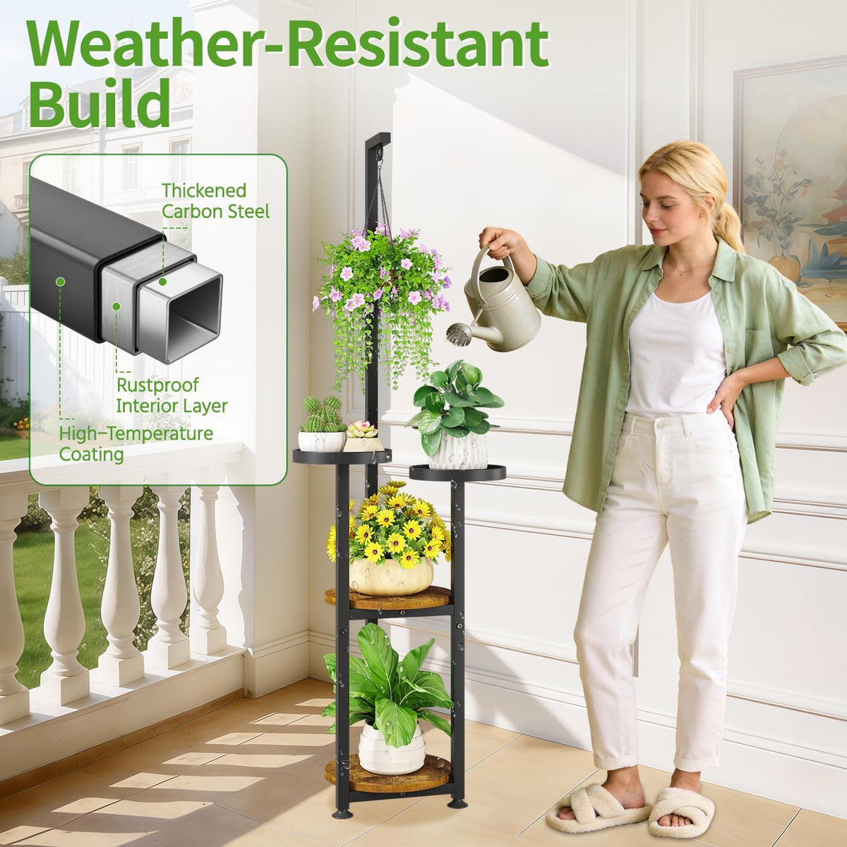KMOTASUO Black 4 Tier Plant Stand Indoor with Hanging Ring, Tall Large Heavy Duty Metal and Wood Vertical Rack for